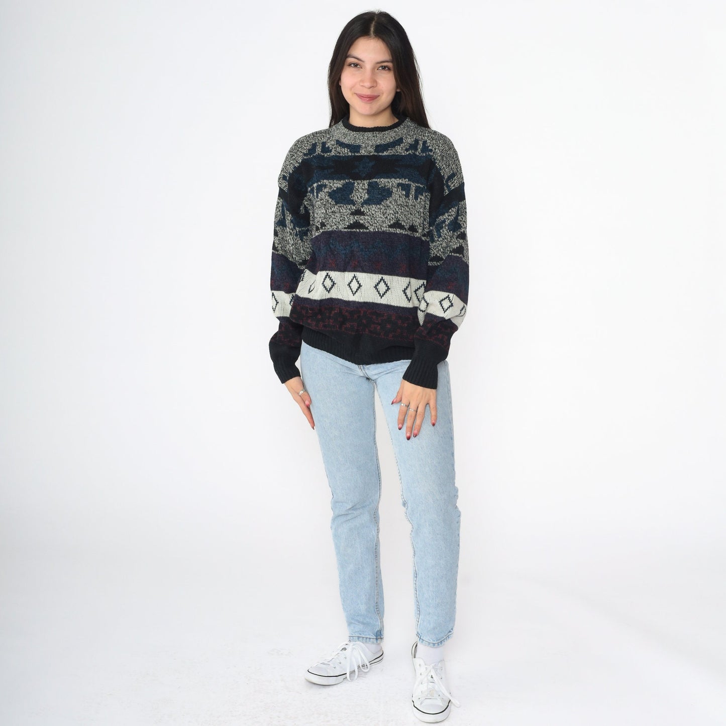 90s Geometric Jacquard Pullover Sweater Black Grey Blue Medium