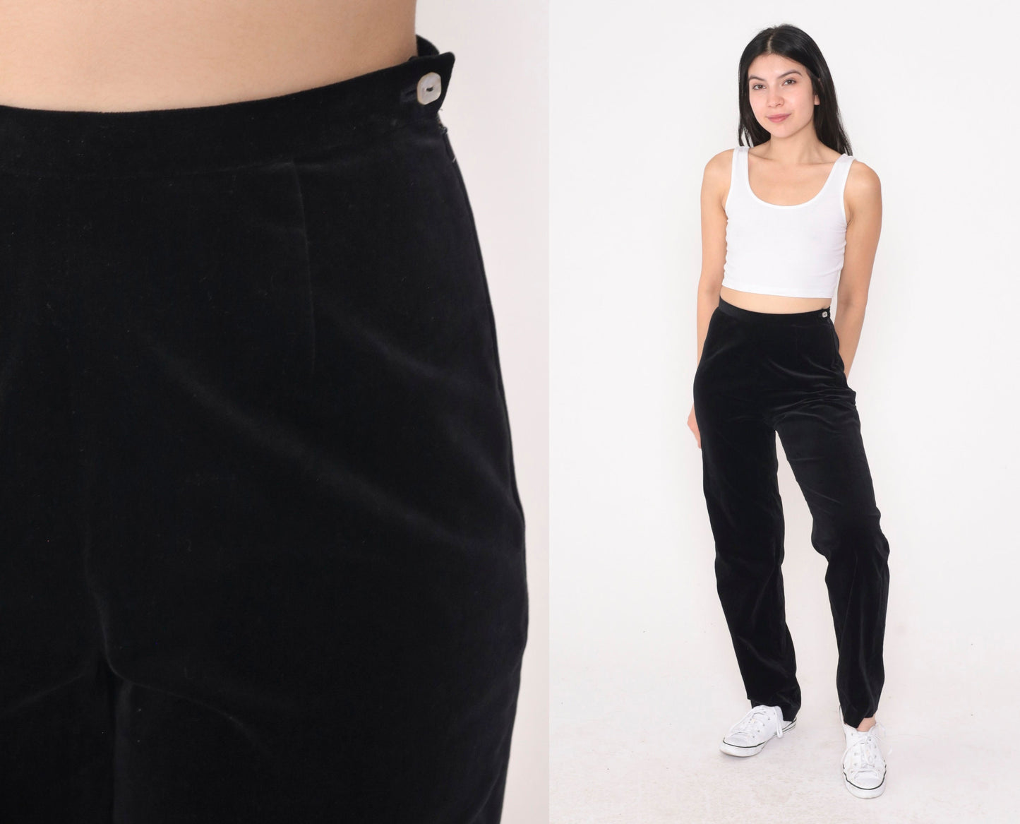 90s Black Velvet High-Waisted Trousers Straight Leg Small