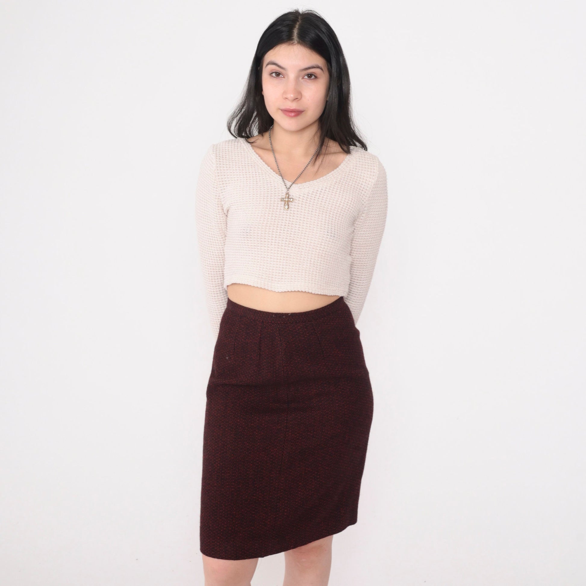 90s Calvin Klein Wool Pencil Skirt Red Black Mini High Waist Extra Small