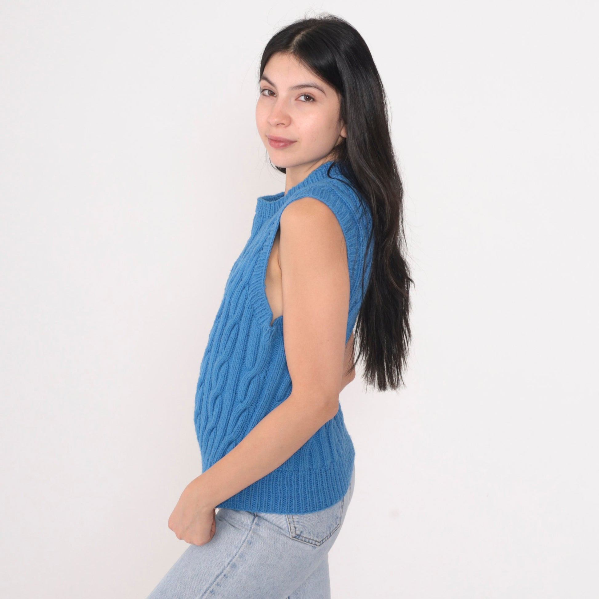 80s Blue Cable Knit Sweater Vest Sleeveless Pullover Small S