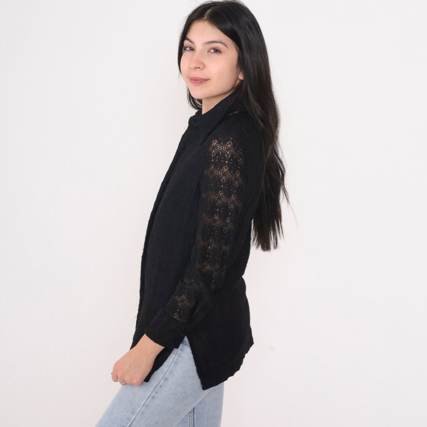 80s Black Lace Blouse Long Sleeve Button Up Floral Cutout Top Small