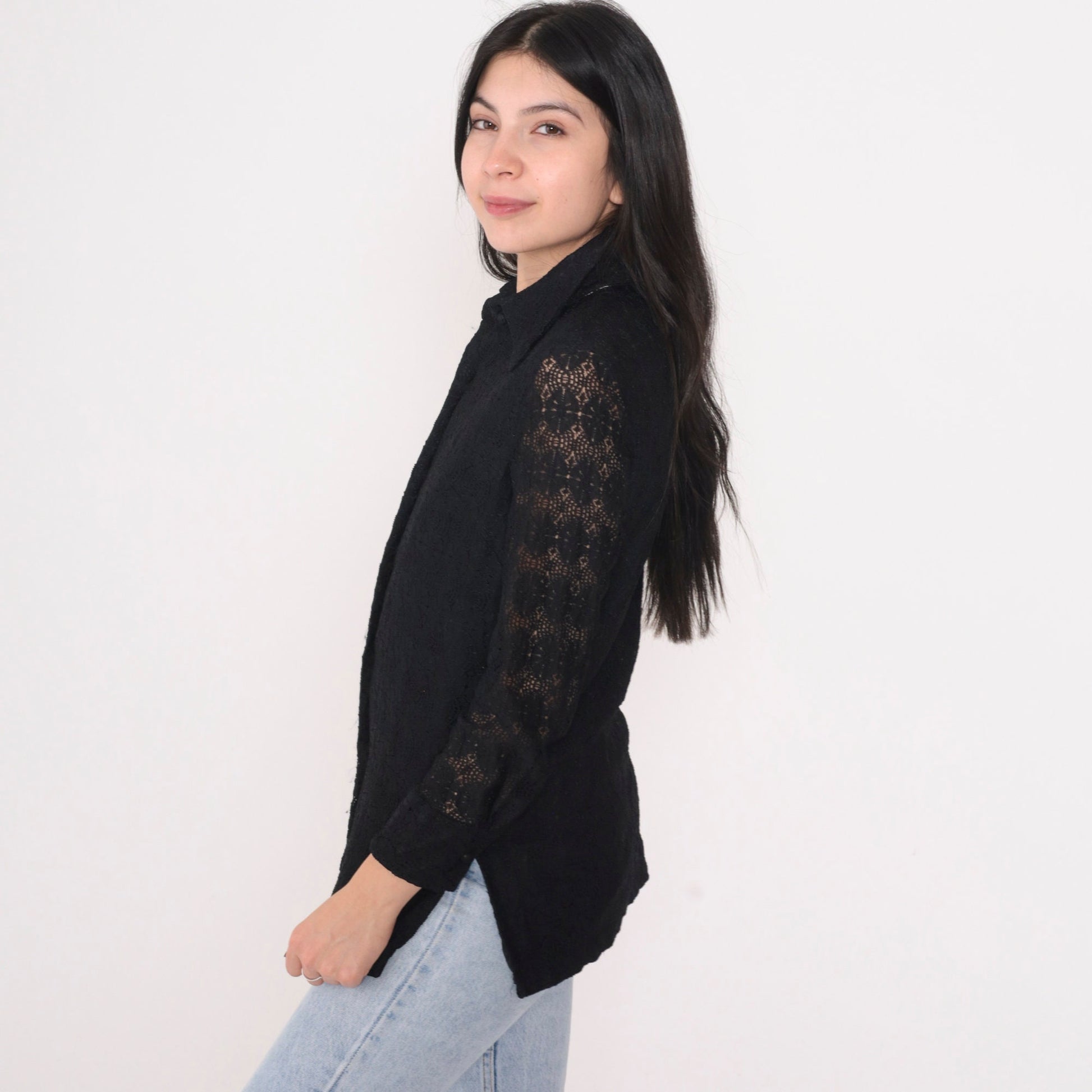 80s Black Lace Blouse Long Sleeve Button Up Floral Cutout Top Small