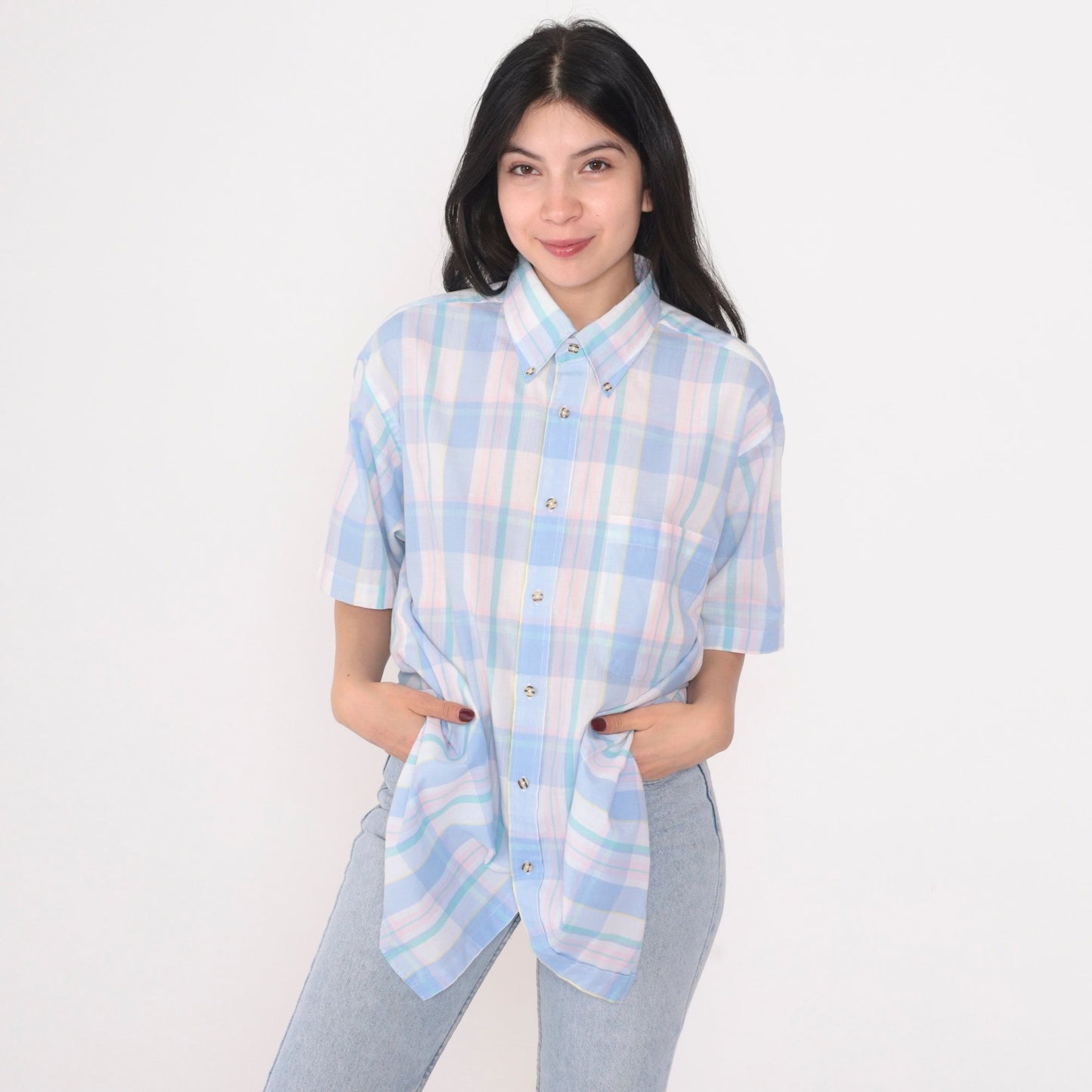 90s Plaid Button-Up Shirt Short Sleeve Collared Blouse Large L