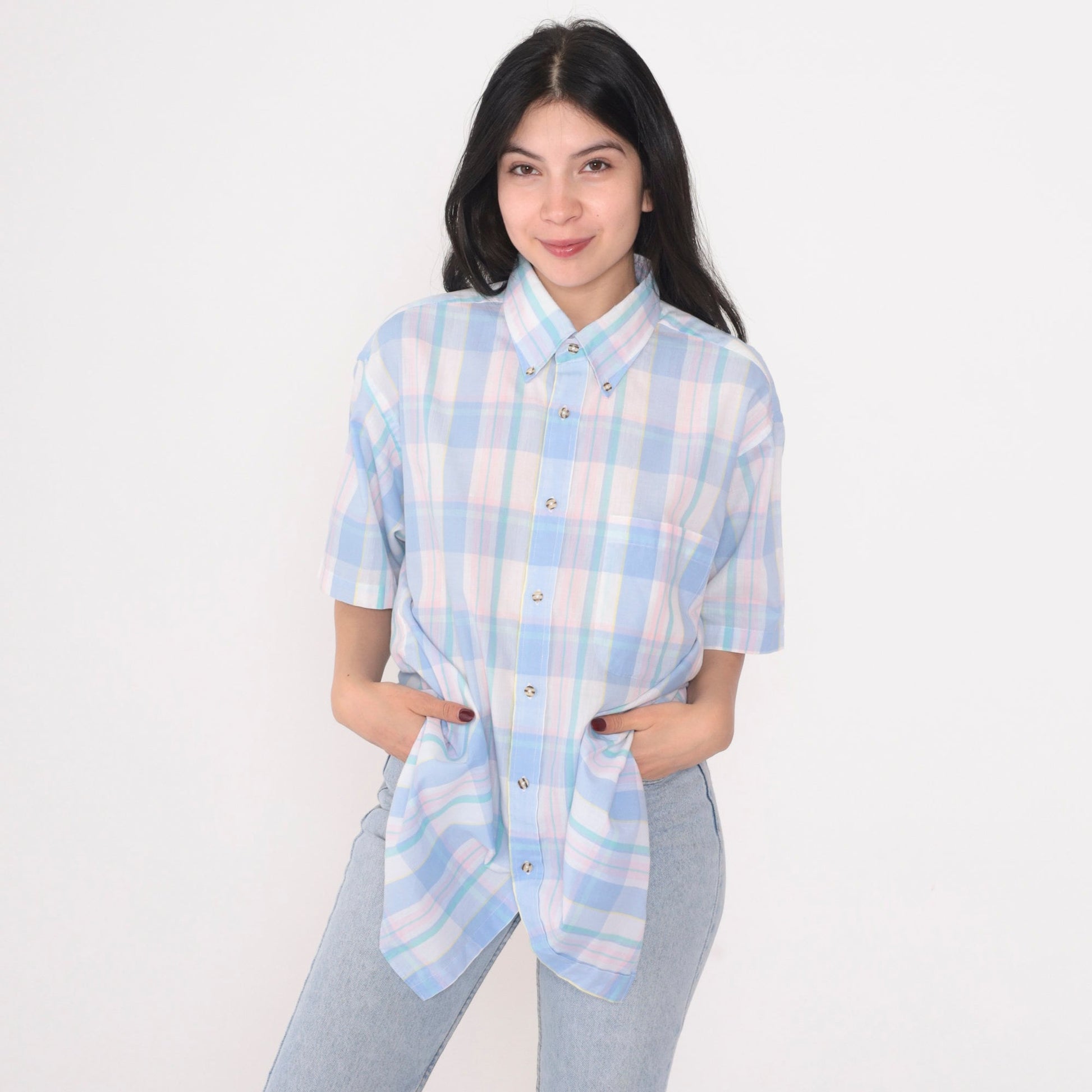 90s Plaid Button-Up Shirt Short Sleeve Collared Blouse Large L