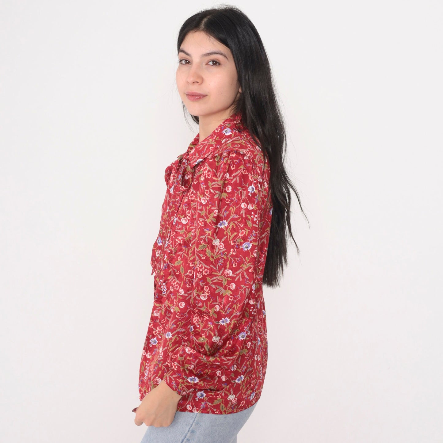 80s Gianna Floral Ascot Blouse Red Puff Sleeve Button-Up Medium