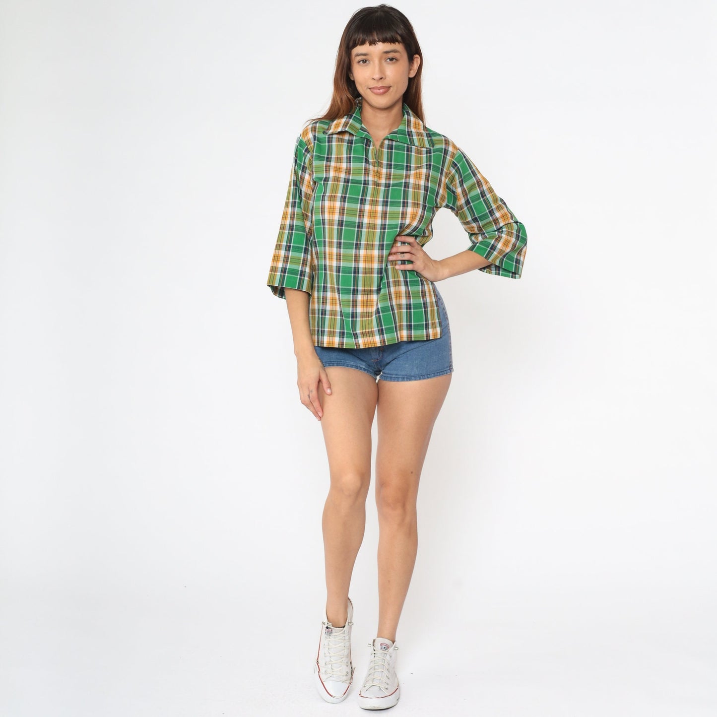 70s Green Plaid Tunic Blouse 3/4 Sleeve Collared Shirt Small