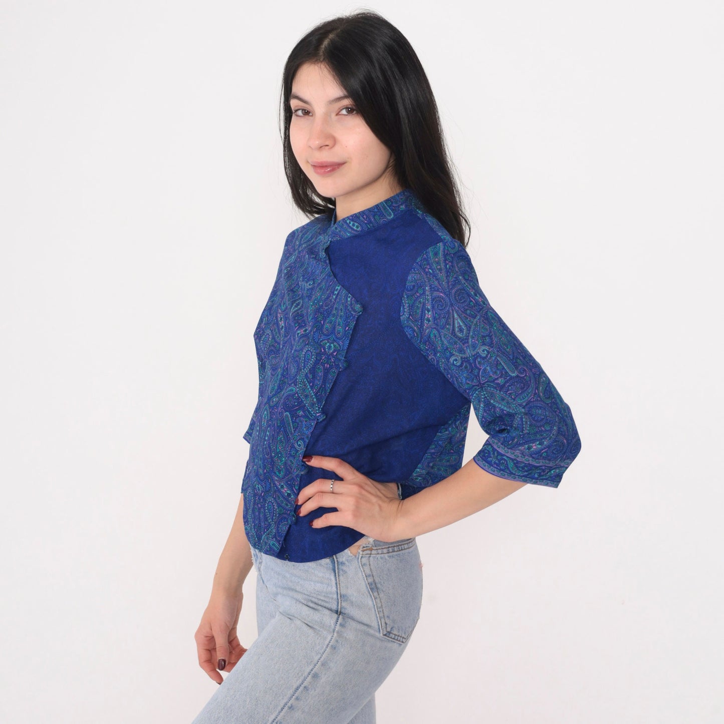 90s Blue Paisley Asymmetrical Button-Up Blouse Half Sleeve Medium Large