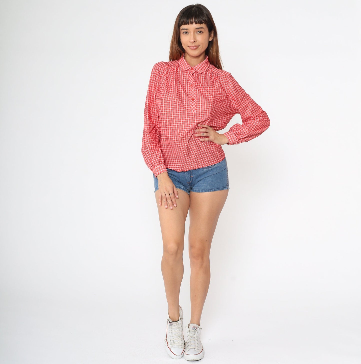 70s Checkered Blouse Red White Collared Long Sleeve Polo Shirt Medium M
