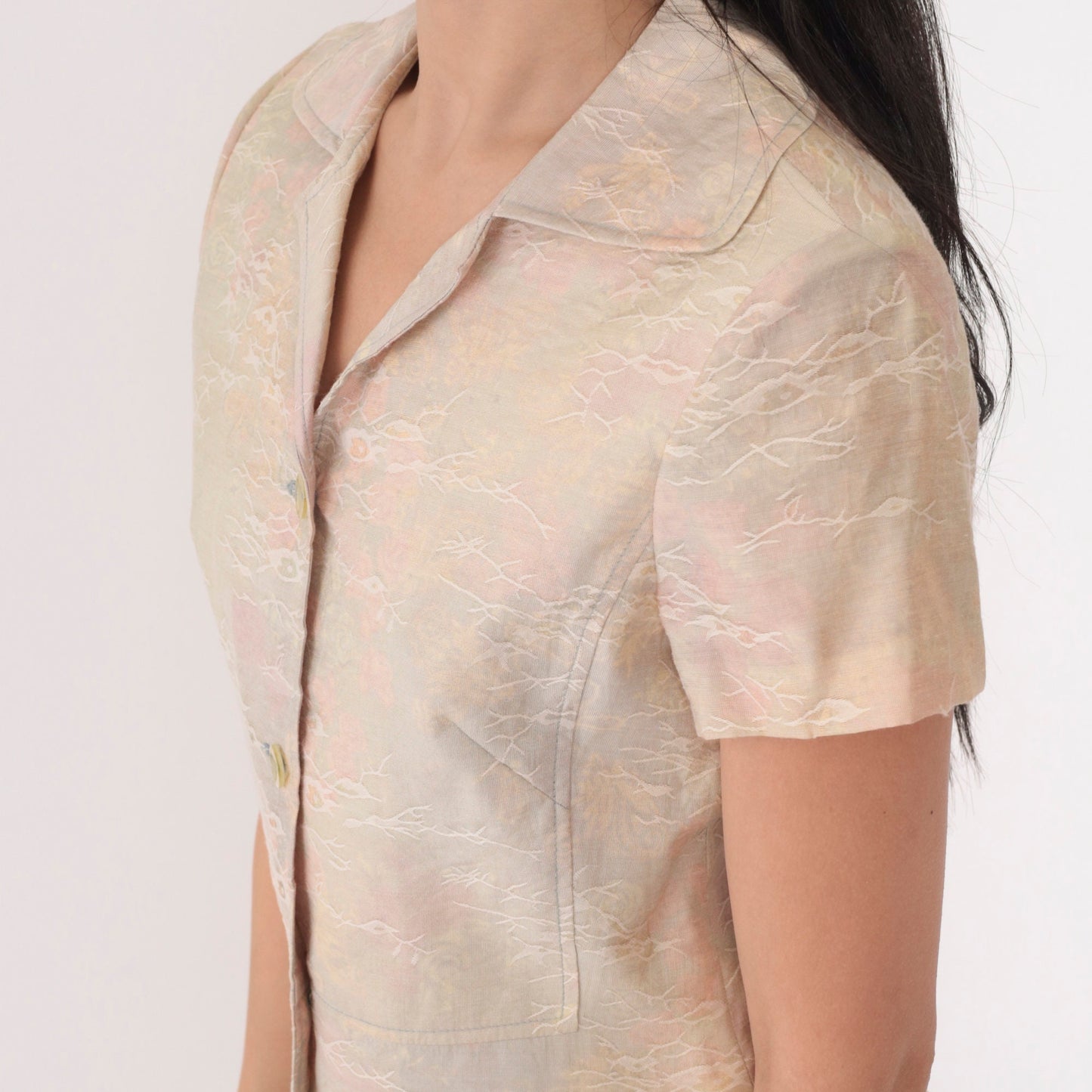 Y2K Watercolor Floral Button-Up Blouse Pastel Abstract Print Short Sleeve Small