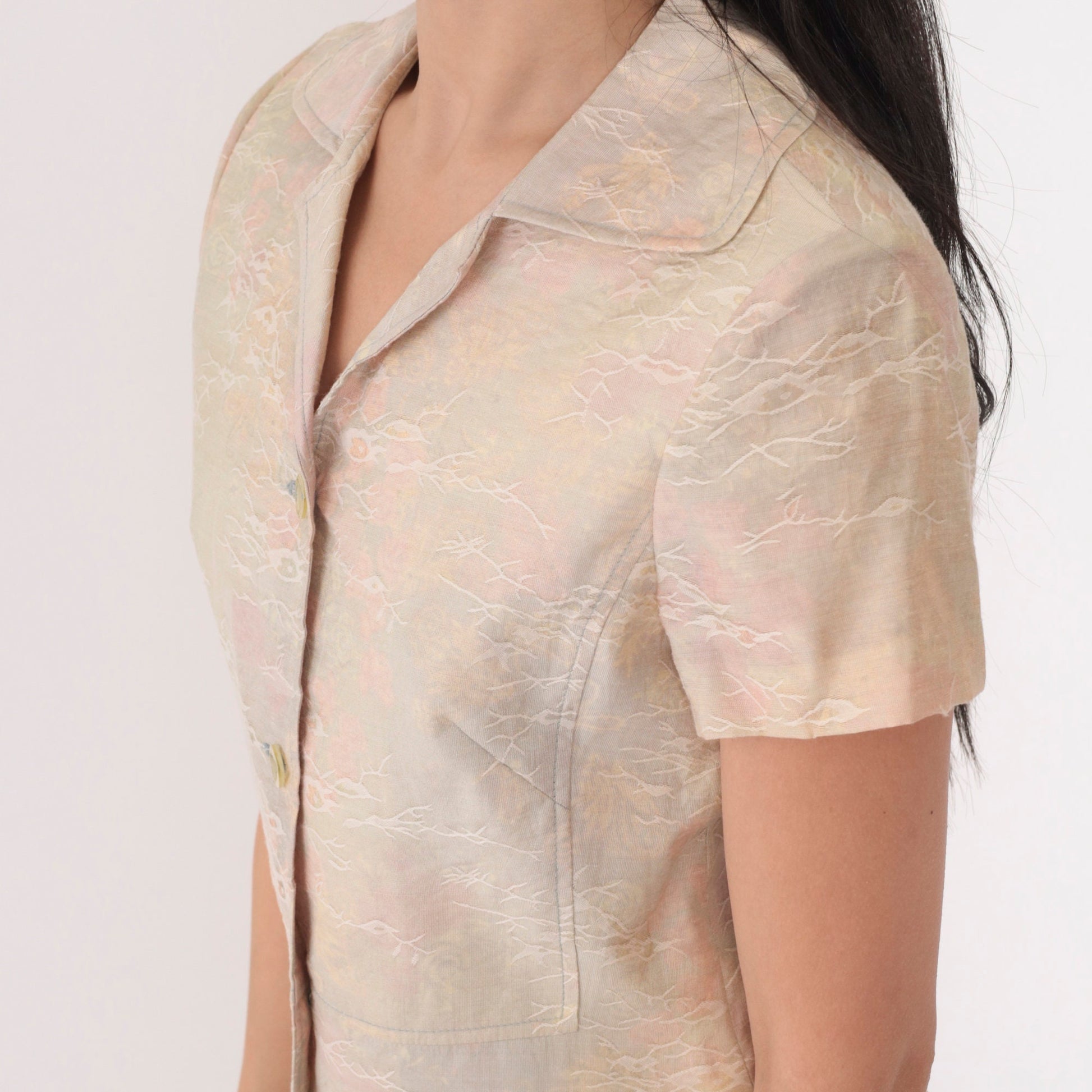 Y2K Watercolor Floral Button-Up Blouse Pastel Abstract Print Short Sleeve Small