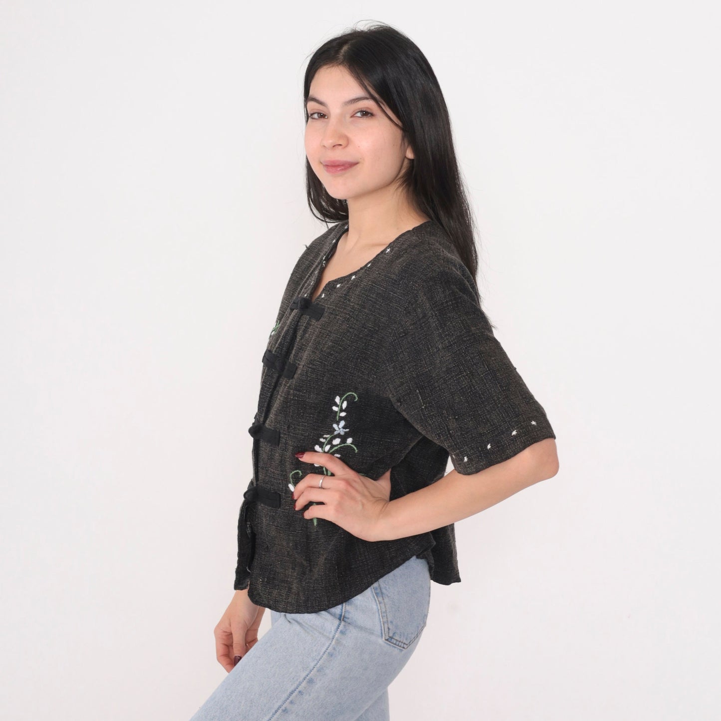 90s Floral Embroidered Dark Grey Button-Up Blouse Short Sleeve Small