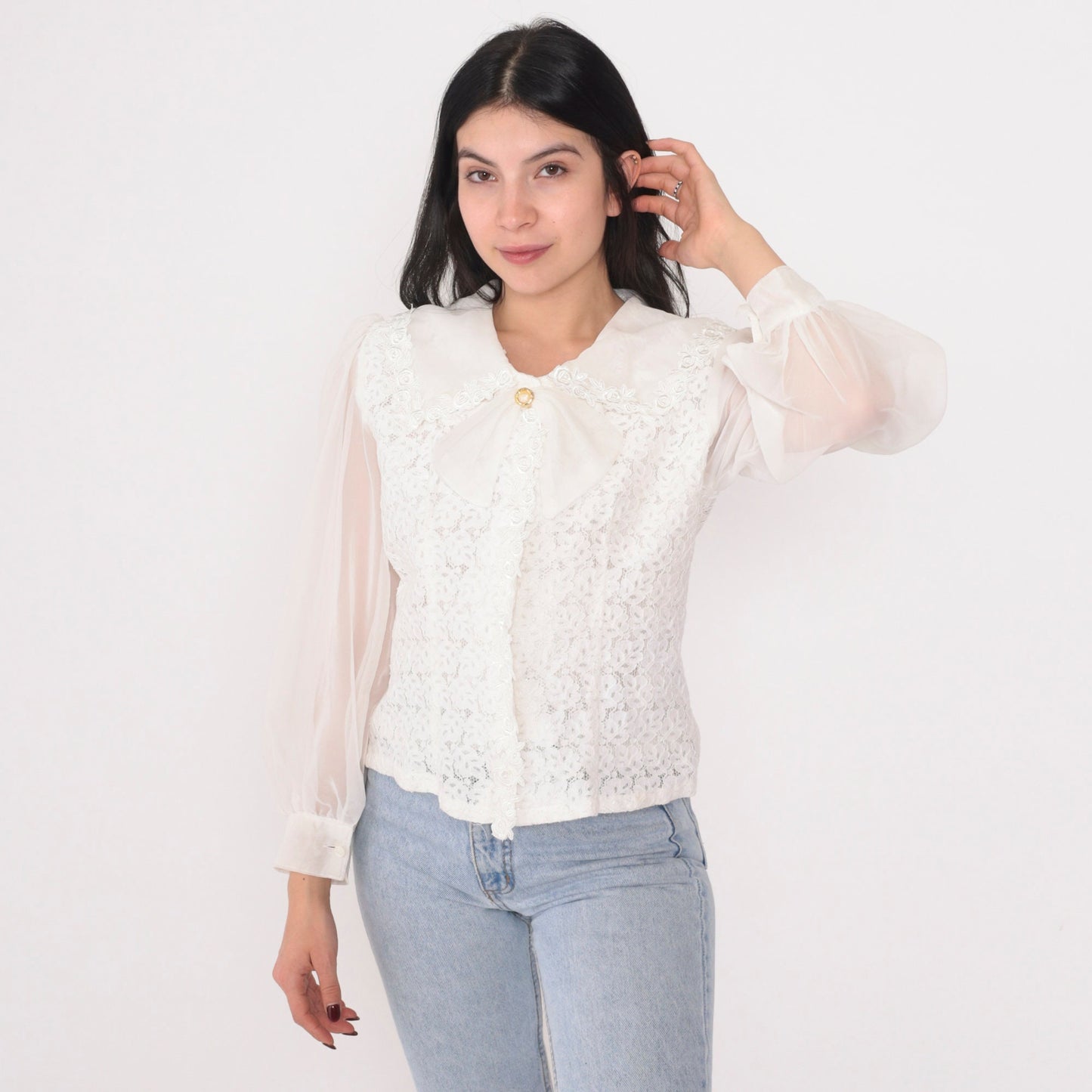 90s White Lace Blouse Puff Sleeve Bow Button-Up Collared Top Small S