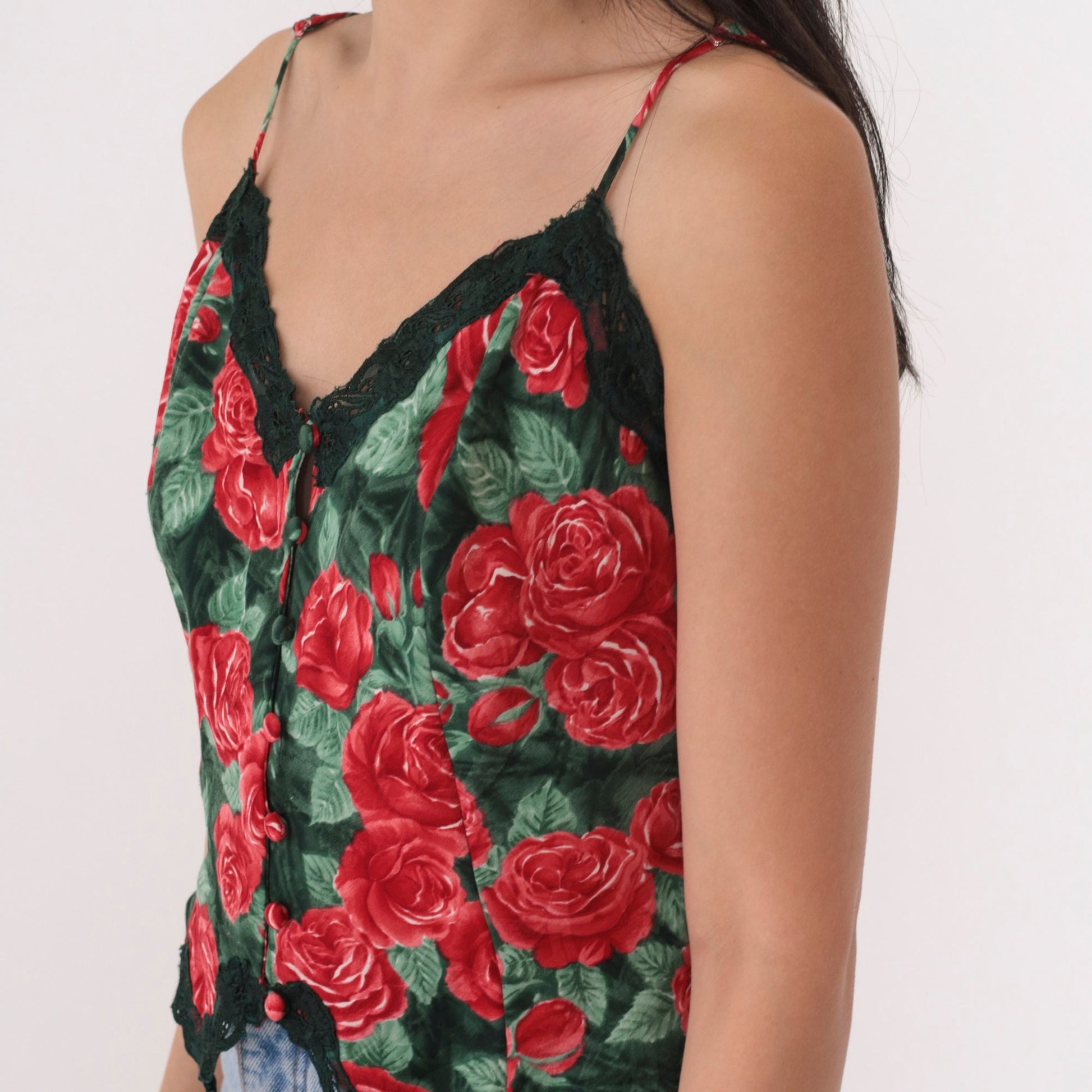 90s Victoria's Secret Floral Camisole Lace Trim Button-Up Small S
