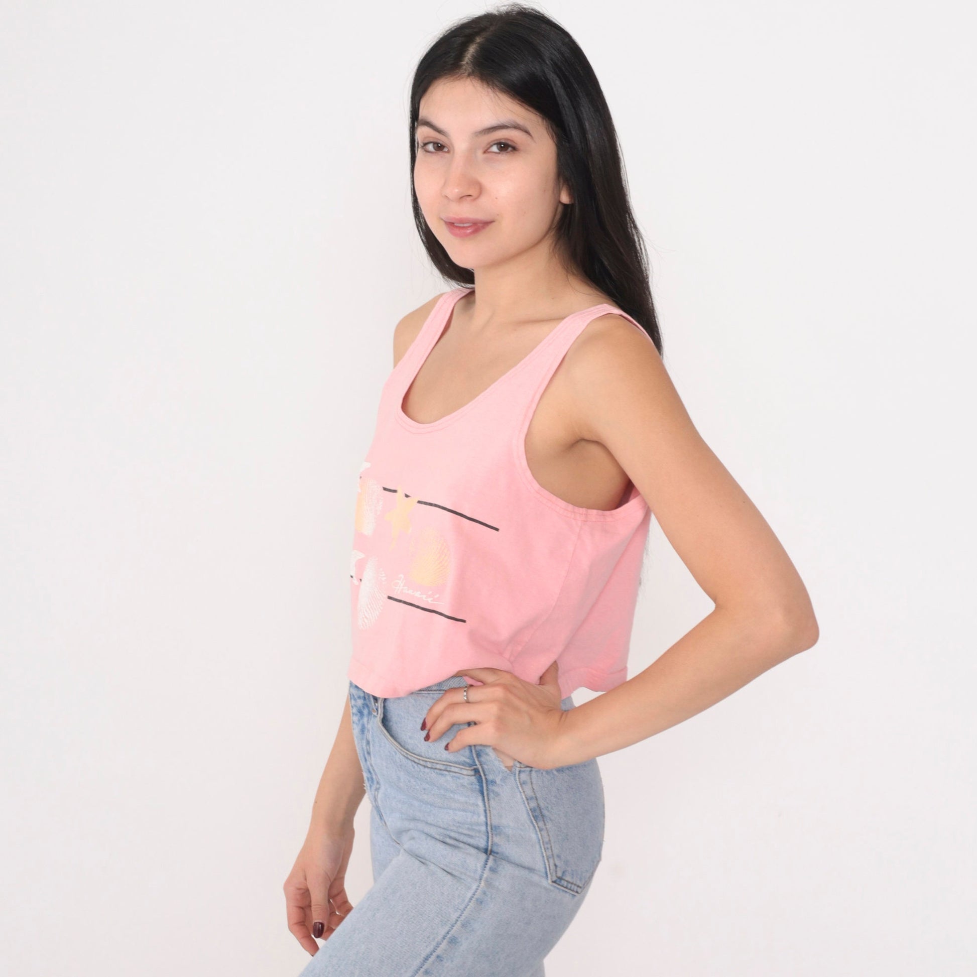90s Hawaii Graphic Crop Tank Top Pink Single Stitch Medium