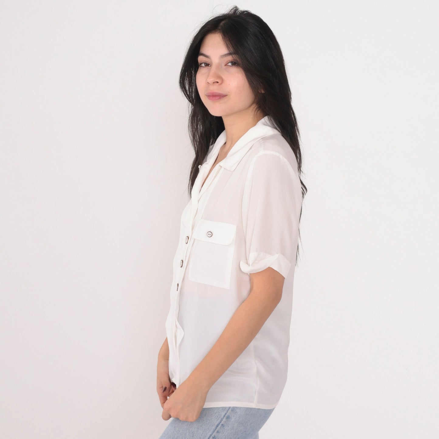90s Nicola White Sheer Button-Up Blouse V-Neck Chest Pocket Small S
