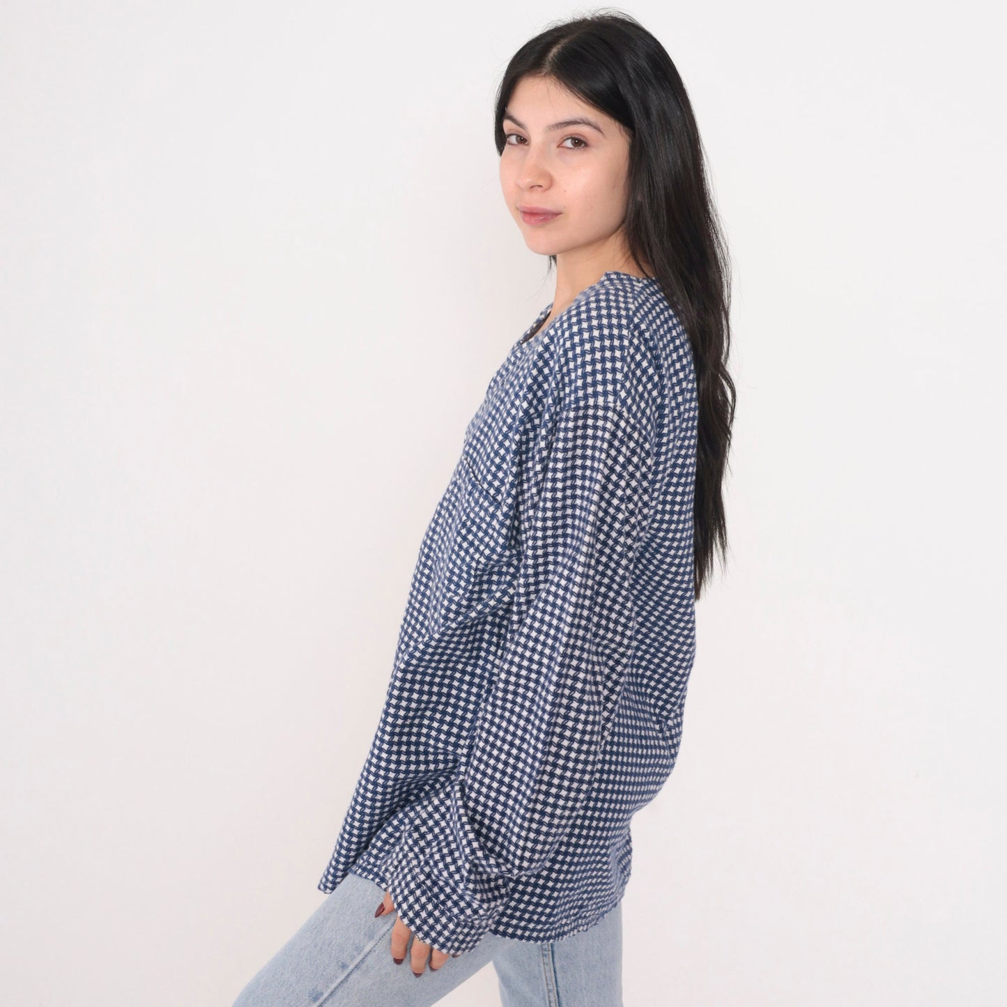 80s Blue White Checkered Cotton Tunic Top Long Sleeve V-Neck Extra Large XL