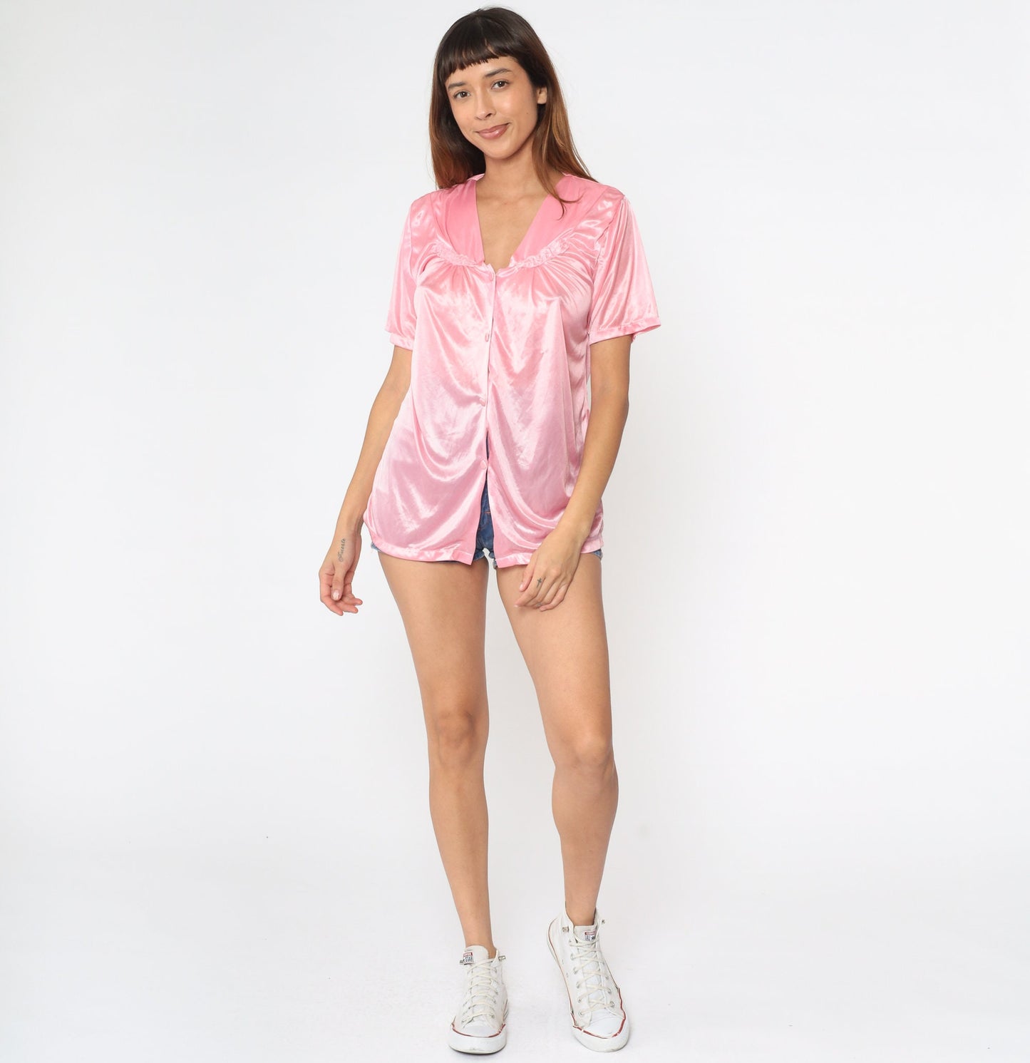 00s Pink Floral Embroidered Pajama Top Button-Up Sleep Shirt Medium