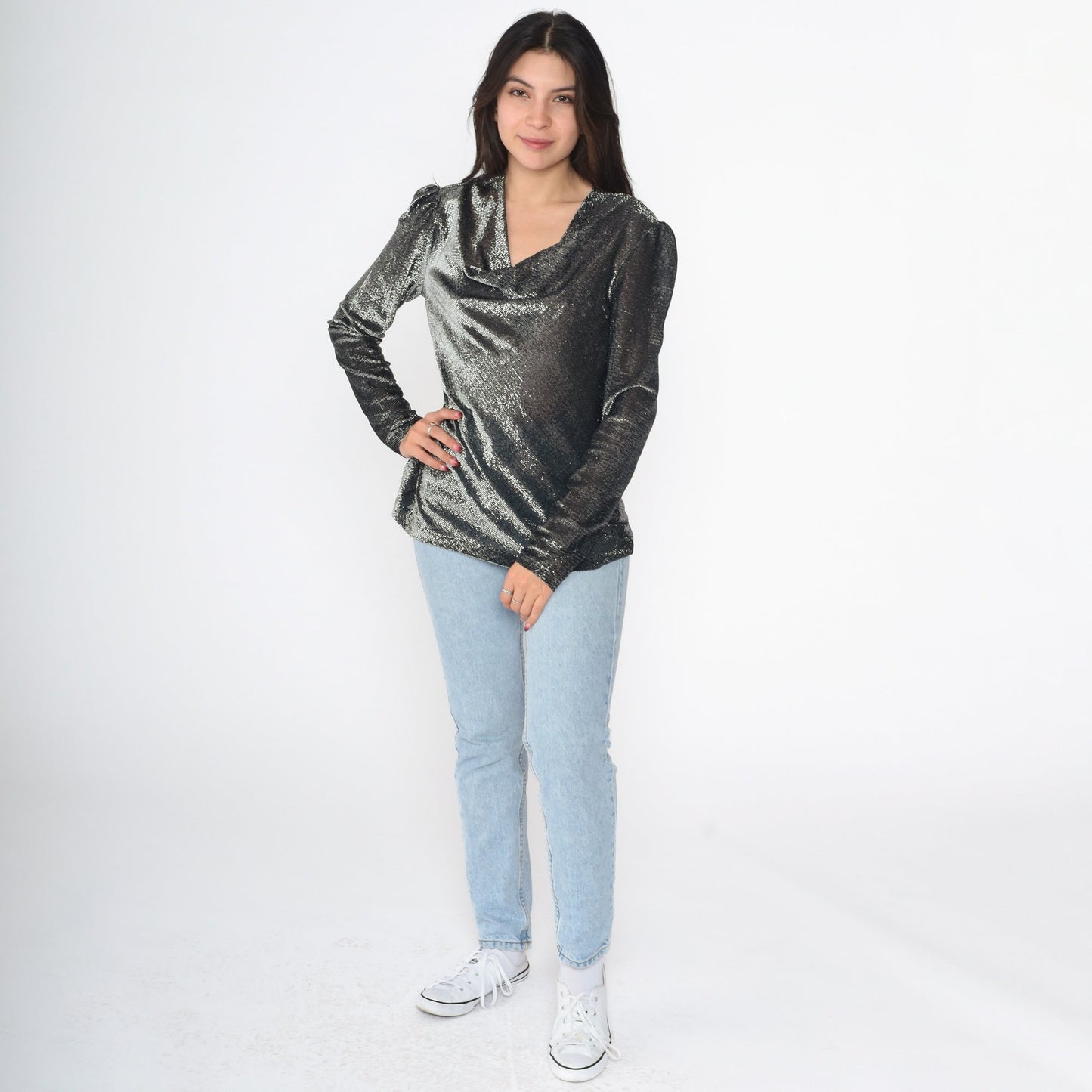 70s Metallic Silver Cowl Neck Blouse Puff Sleeve Party Top Small S