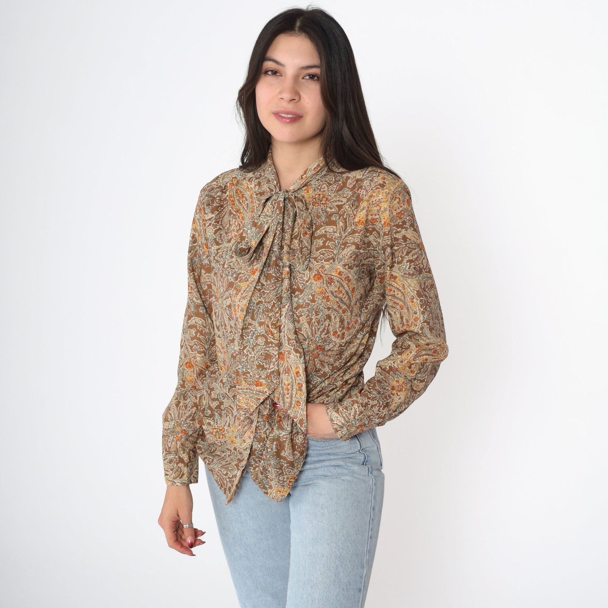 70s Floral Paisley Ascot Blouse Button-Up Long Sleeve Brown Small