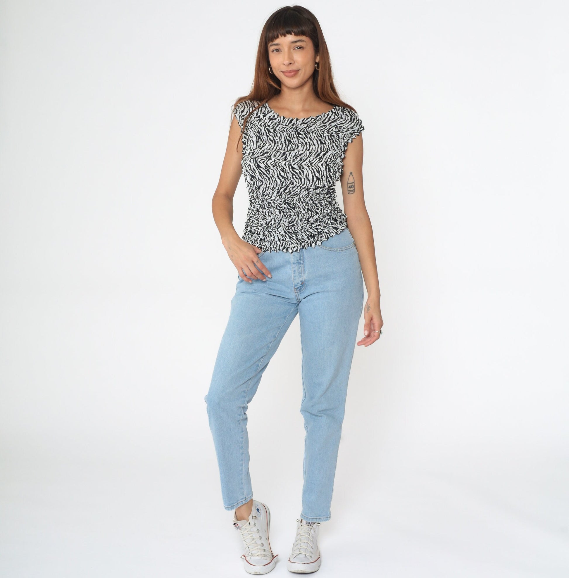 Y2K Zebra Popcorn Texture Tank Top Black White Sleeveless Blouse One Size