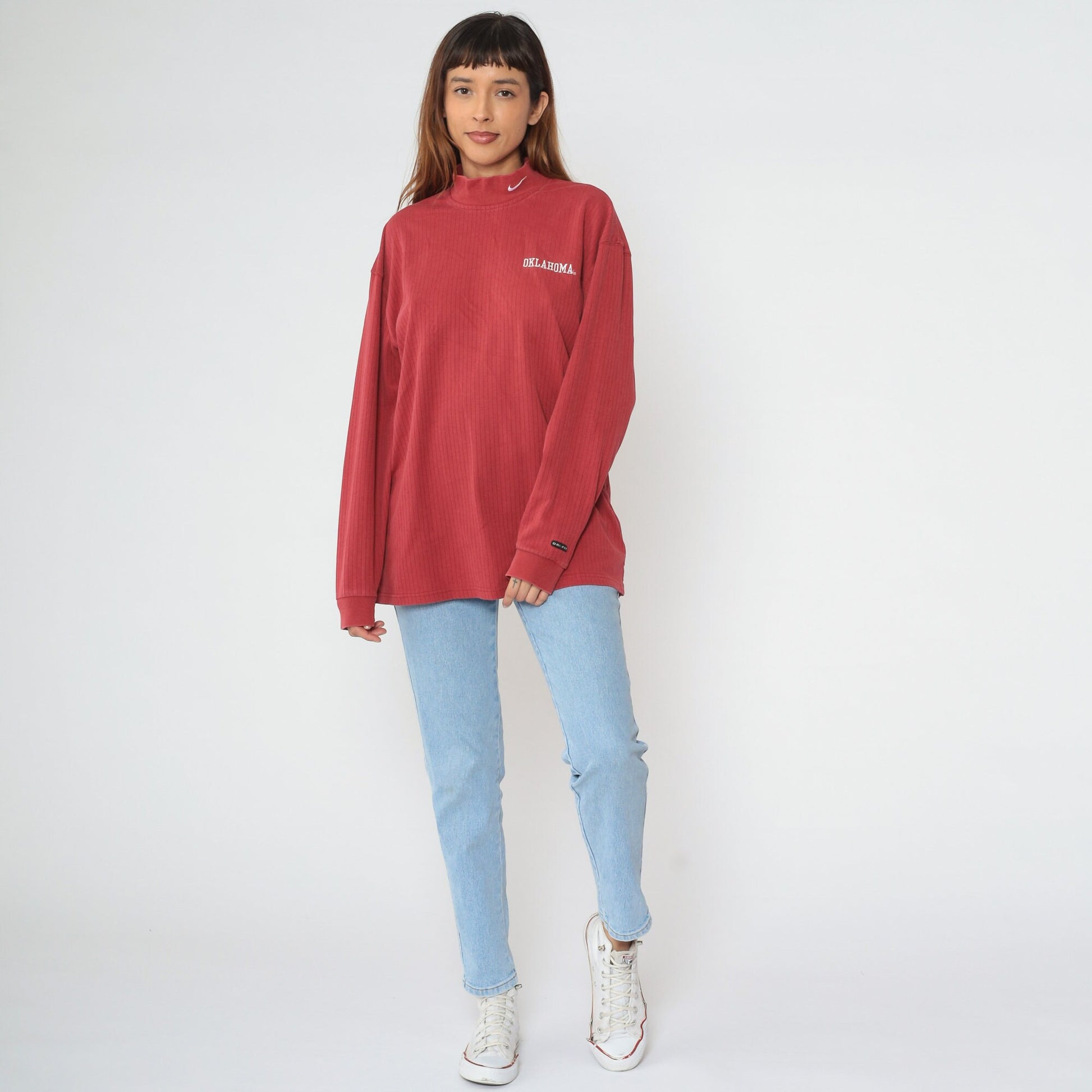 Y2K Nike Oklahoma Mock Neck Long Sleeve Tee Red Swoosh Large