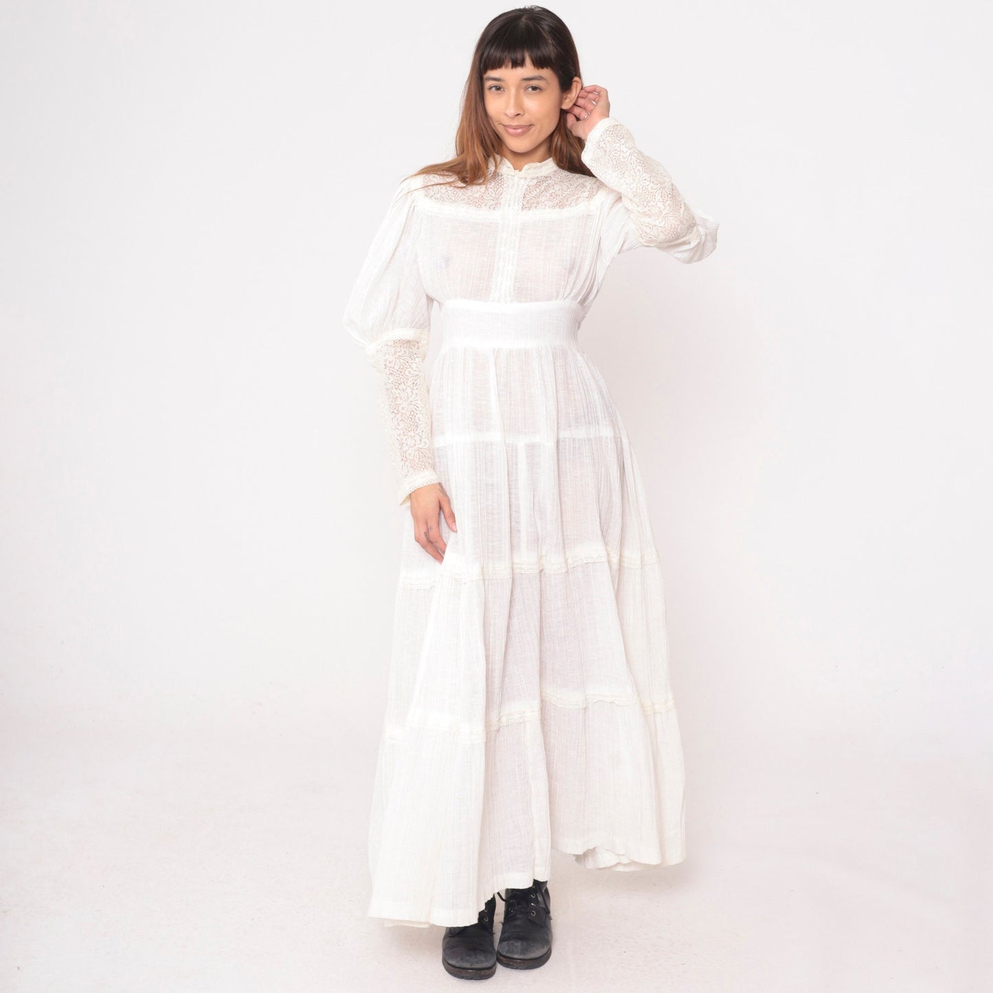 70s Maxi Dress Gauze Lace High Neck Tie Waist Long Sleeve Off-White Medium