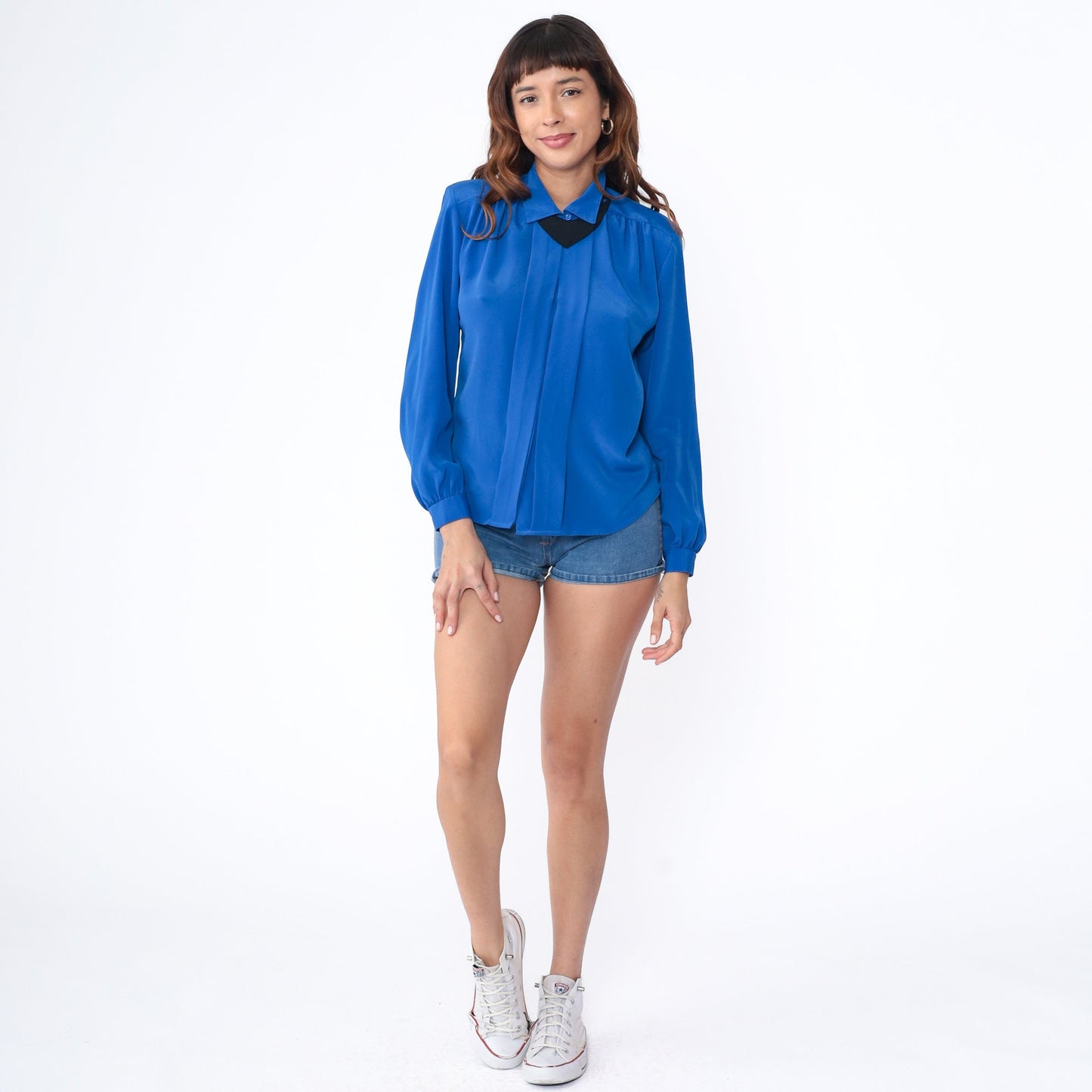 90s Royal Blue Pleated Blouse Detachable Collar Button-Up Long Sleeve Small S