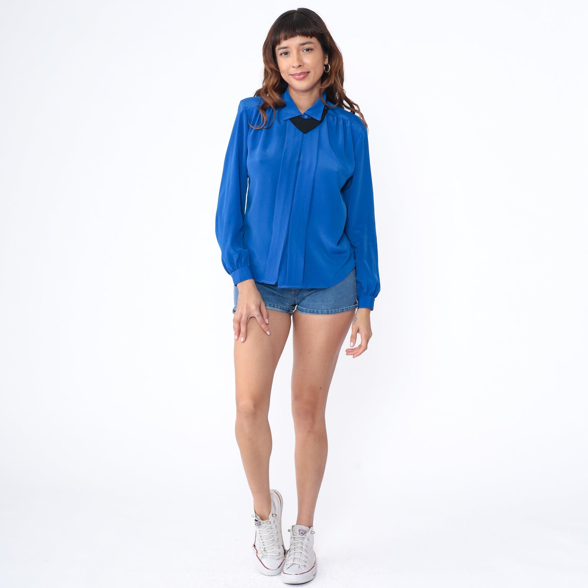 90s Royal Blue Pleated Blouse Detachable Collar Button-Up Long Sleeve Small S