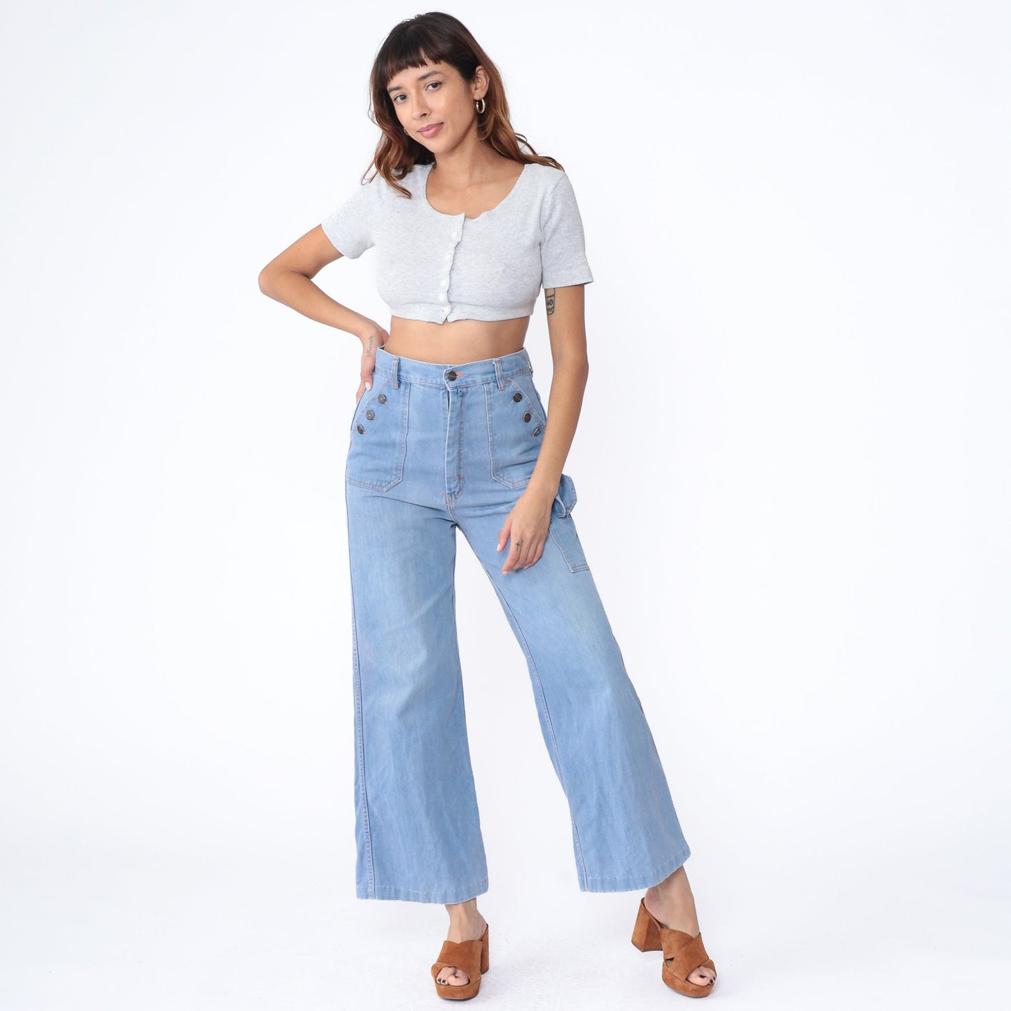70s Blue Denim Bell Bottom Jeans High Waist Wide Leg Flare Medium 8