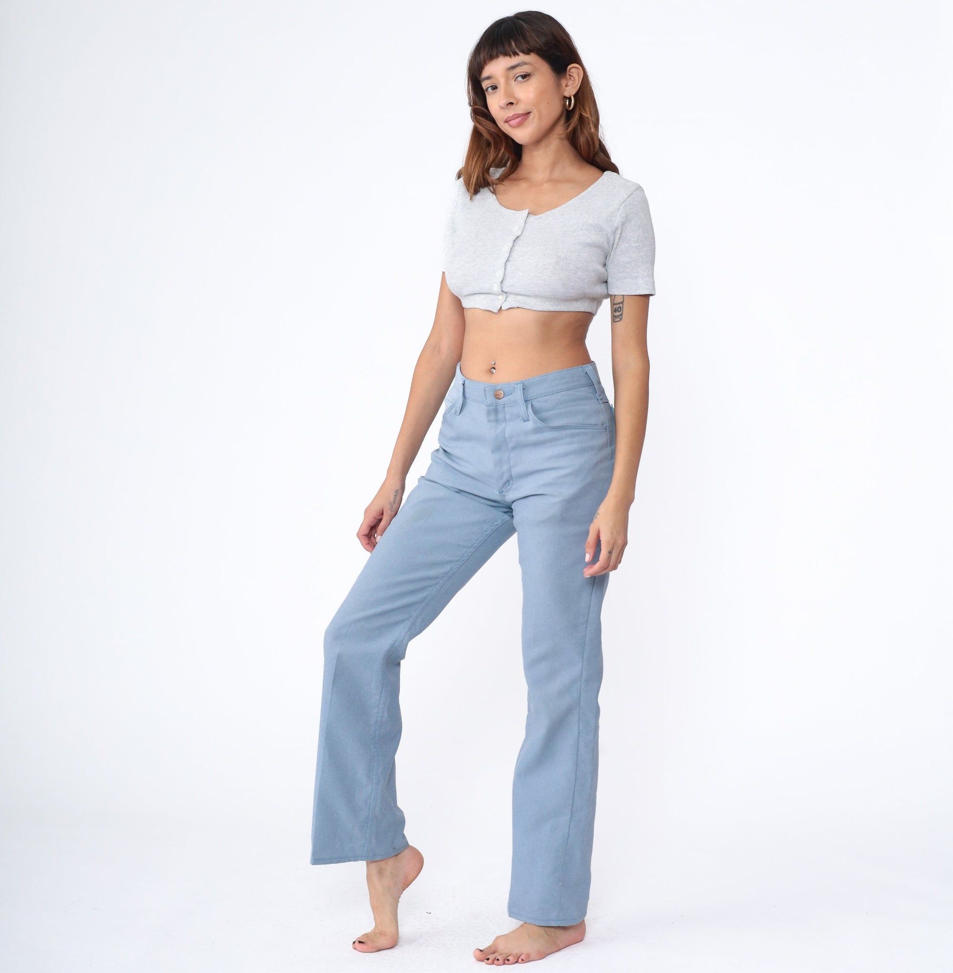 70s Wrangler Flared Trousers Baby Blue High Waist Bellbottoms Men's Medium 31