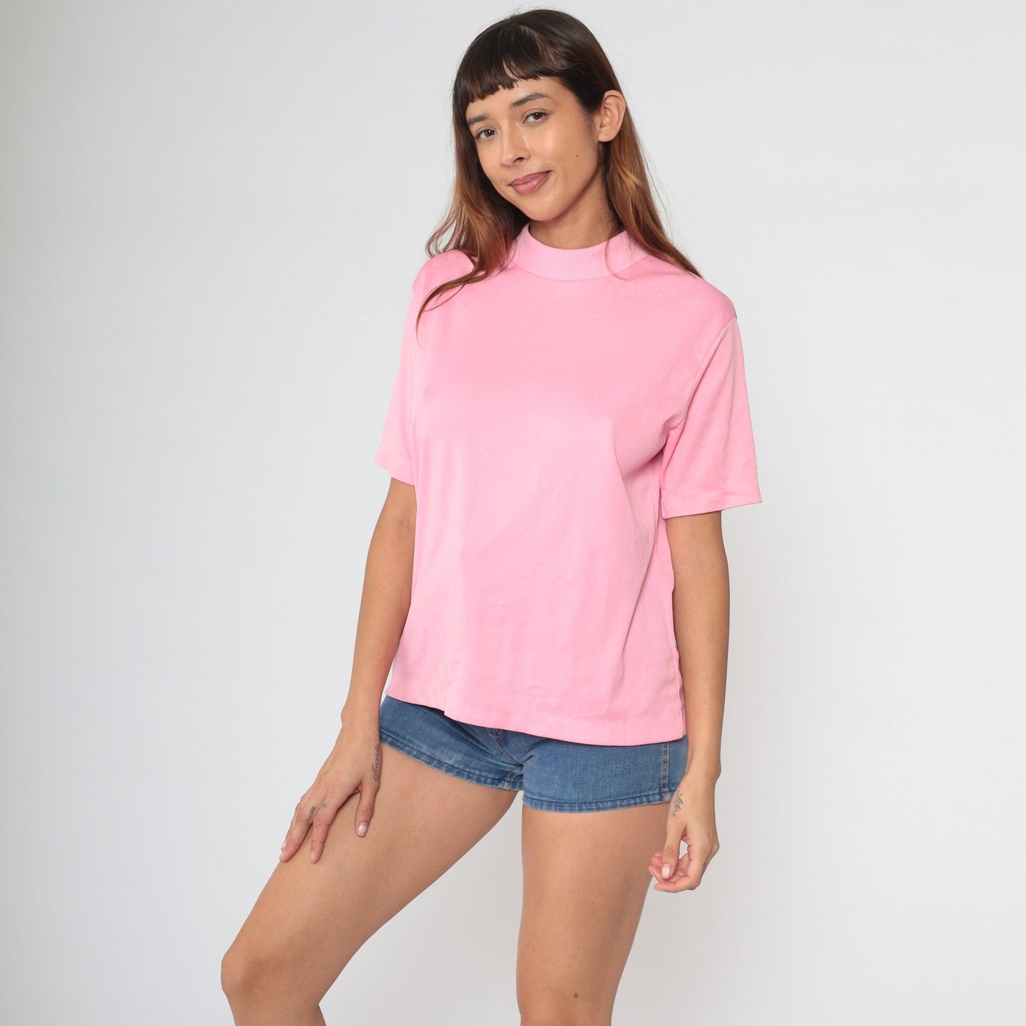 70s Pink Mock Neck Shirt Short Sleeve Blouse Medium Large
