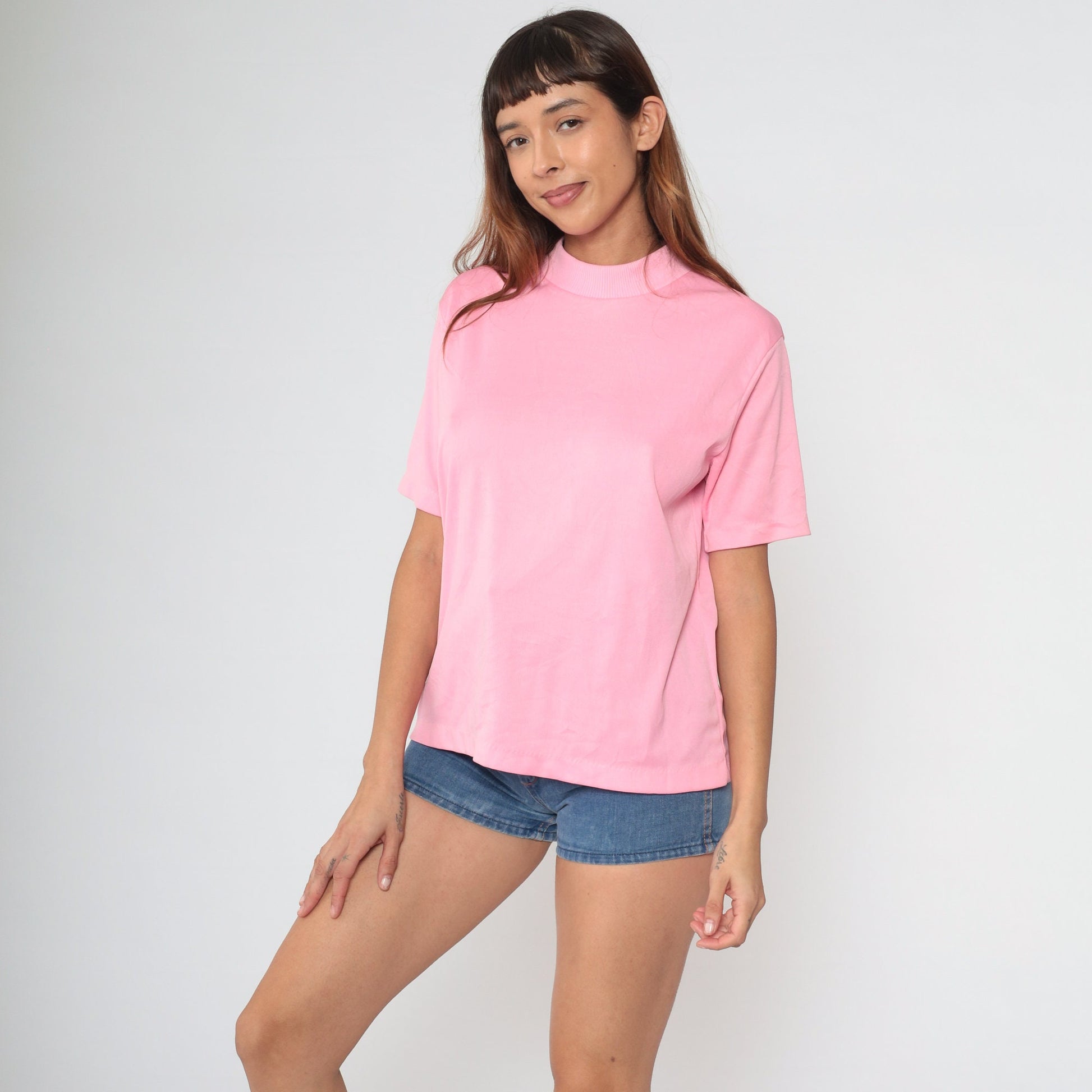 70s Pink Mock Neck Shirt Short Sleeve Blouse Medium Large