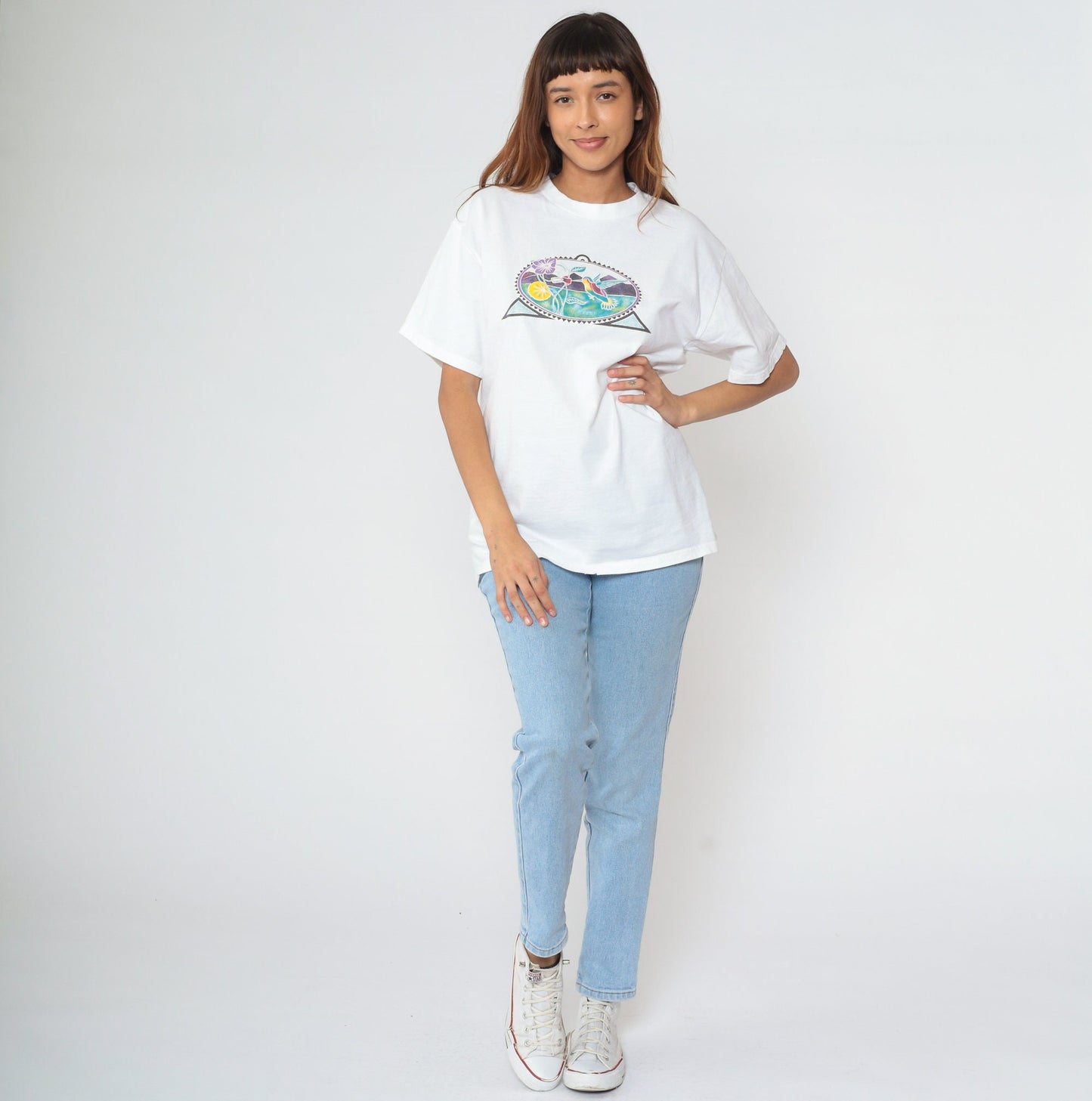 90s Hummingbird Floral Graphic T-Shirt White Cotton Tee Mountain Print Large
