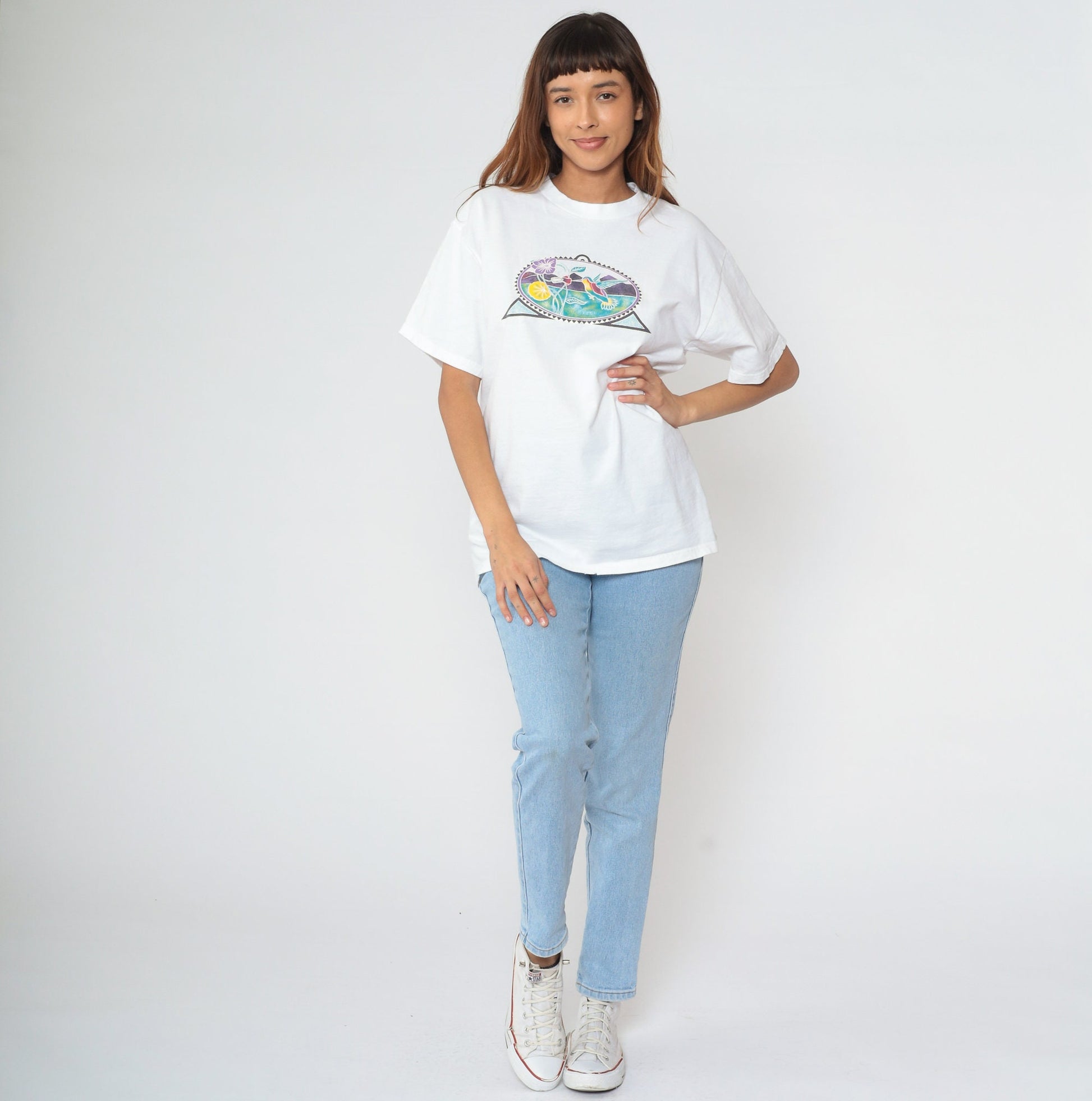 90s Hummingbird Floral Graphic T-Shirt White Cotton Tee Mountain Print Large