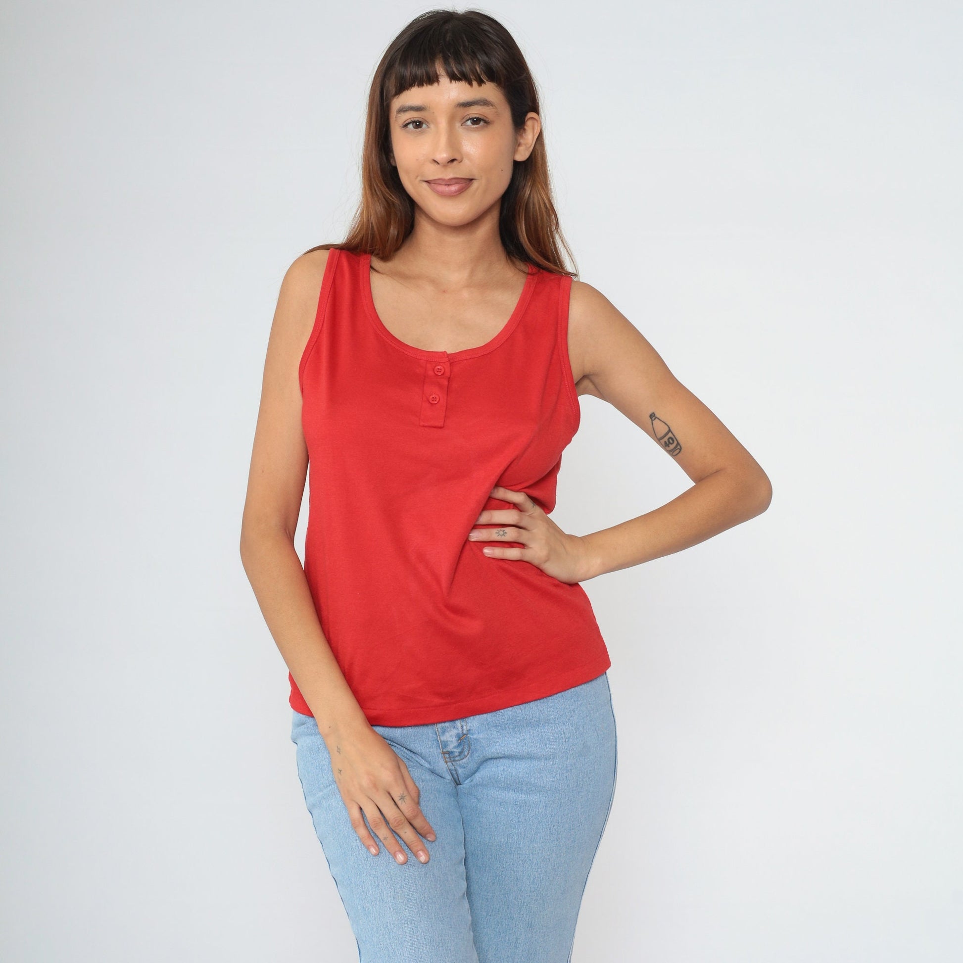 80s Red Cotton Henley Tank Top Button Chest Sleeveless Medium