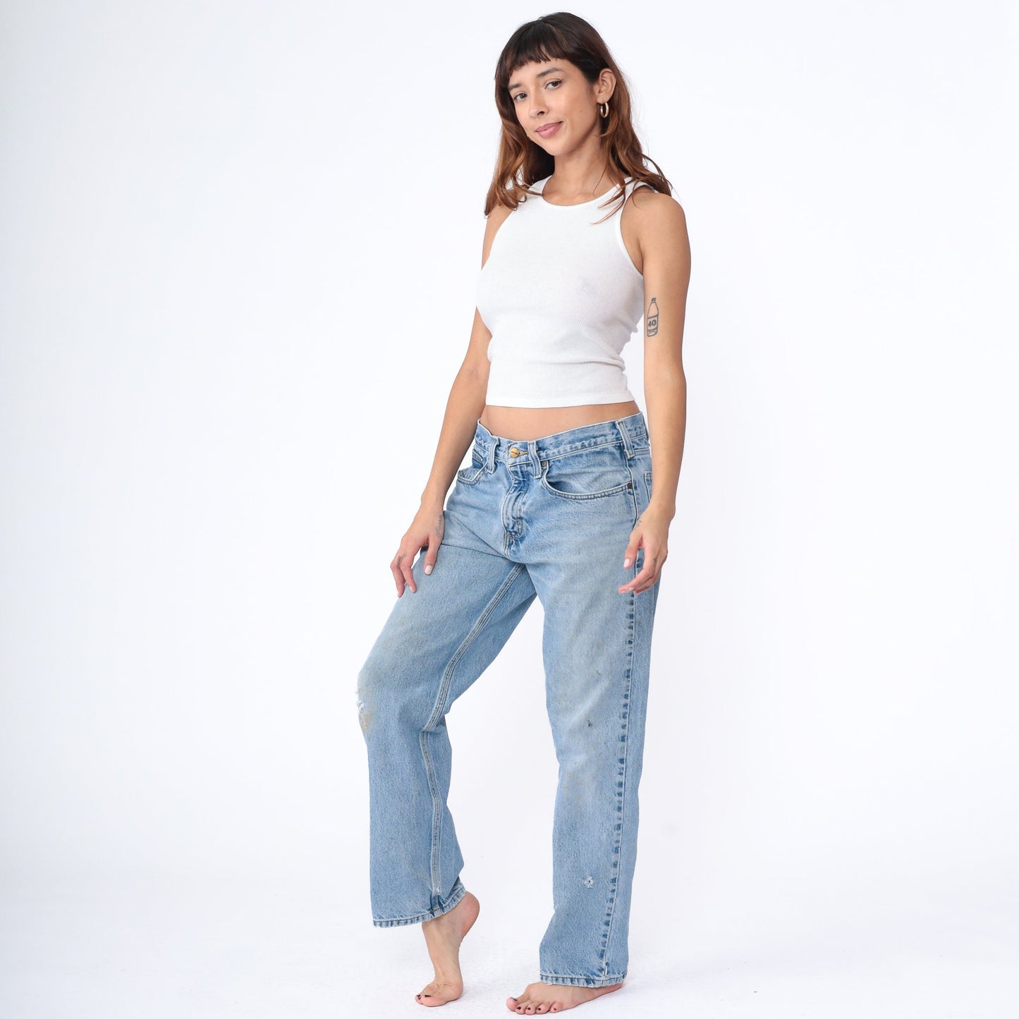 90s Carhartt Denim Jeans Tapered Straight Leg Blue Distressed 34