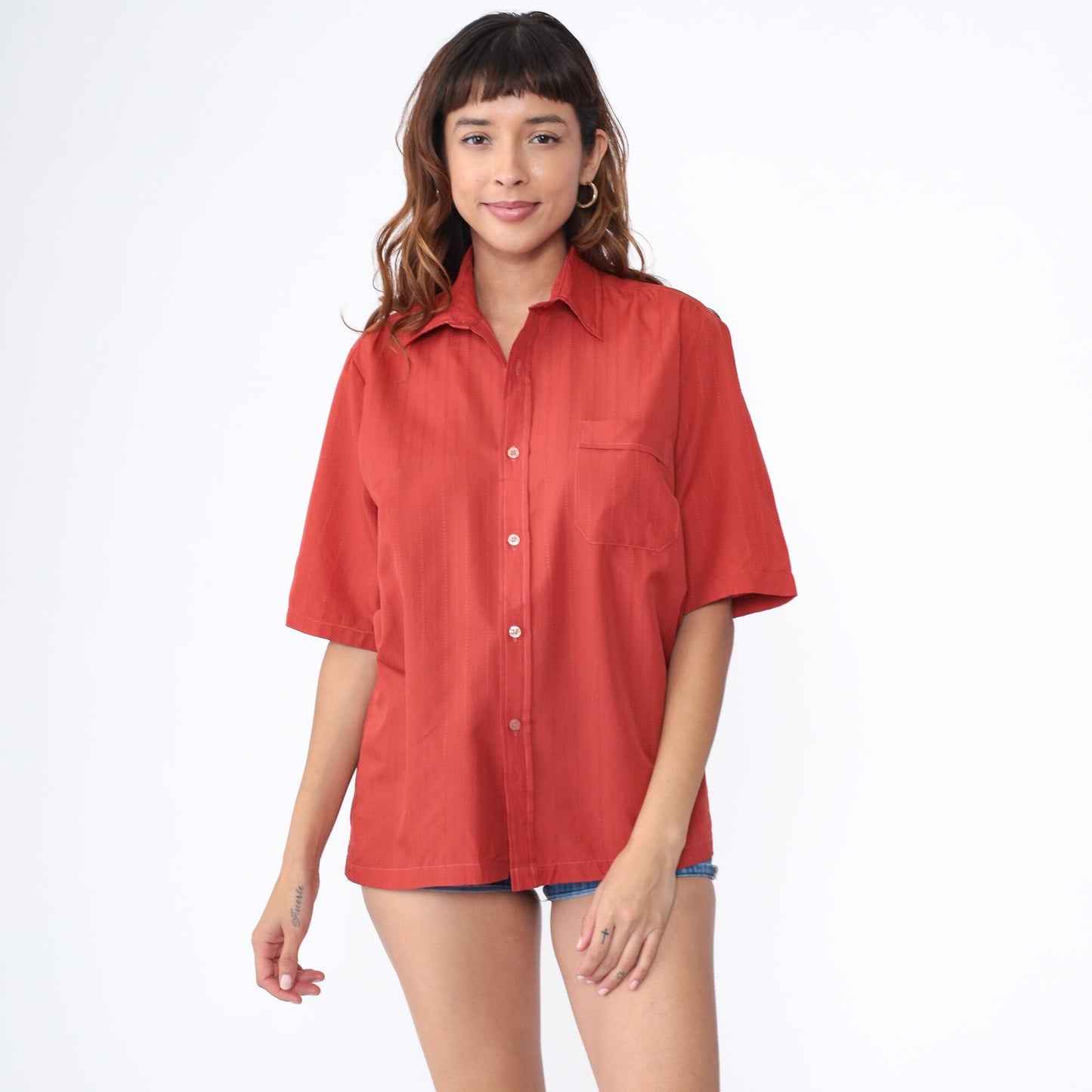 70s Rust Red Button-Up Shirt Pointed Collar Chest Pocket Men's Medium