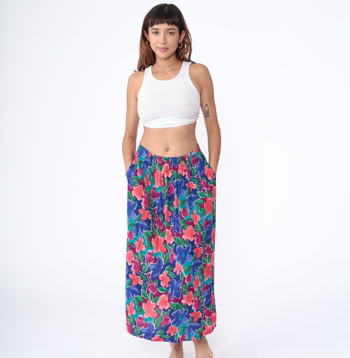 80s The Villager Floral Maxi Skirt Rayon High Waist Ankle Length Blue Medium