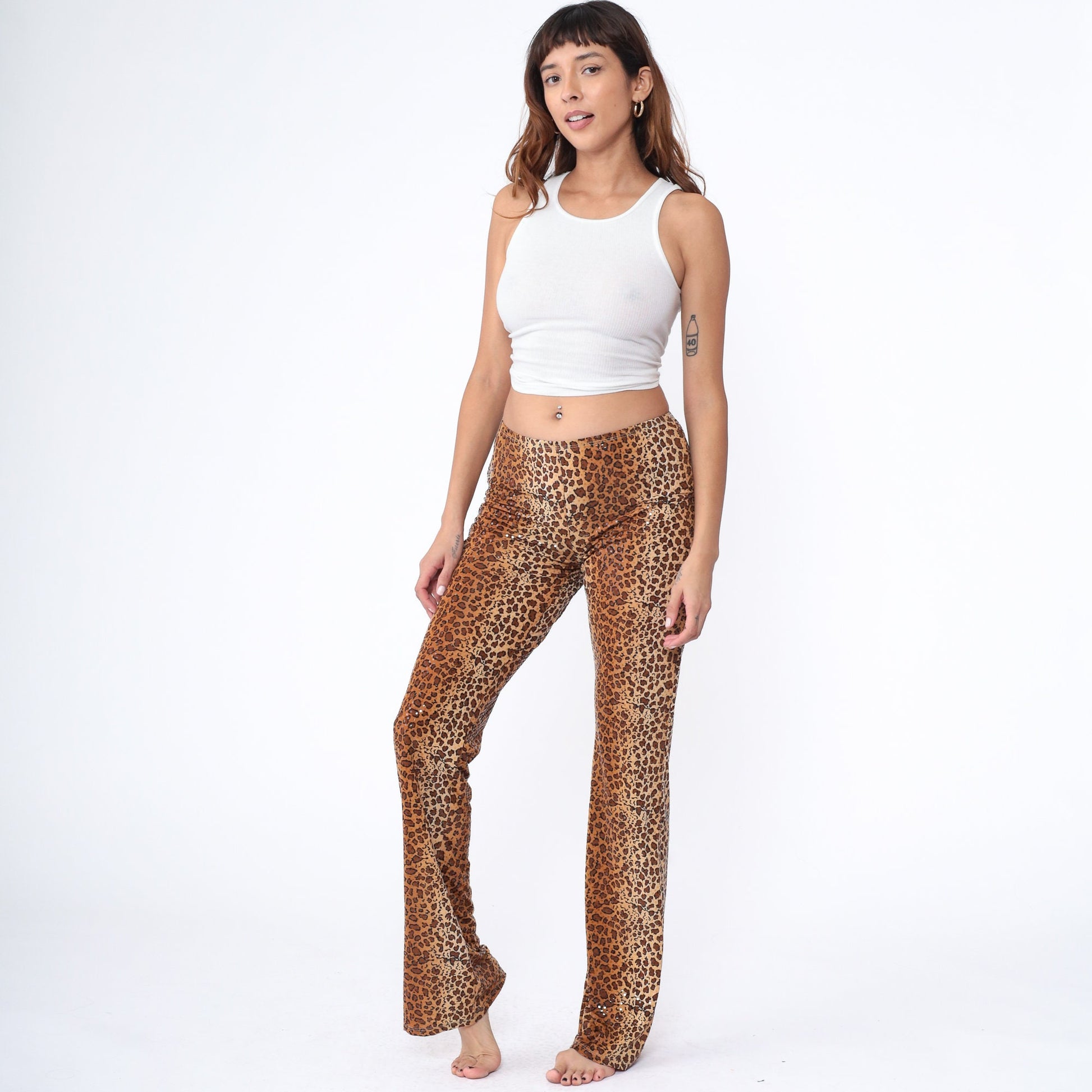 00s Hot Kiss Leopard Glitter Flared Pants Low Rise Y2K Large