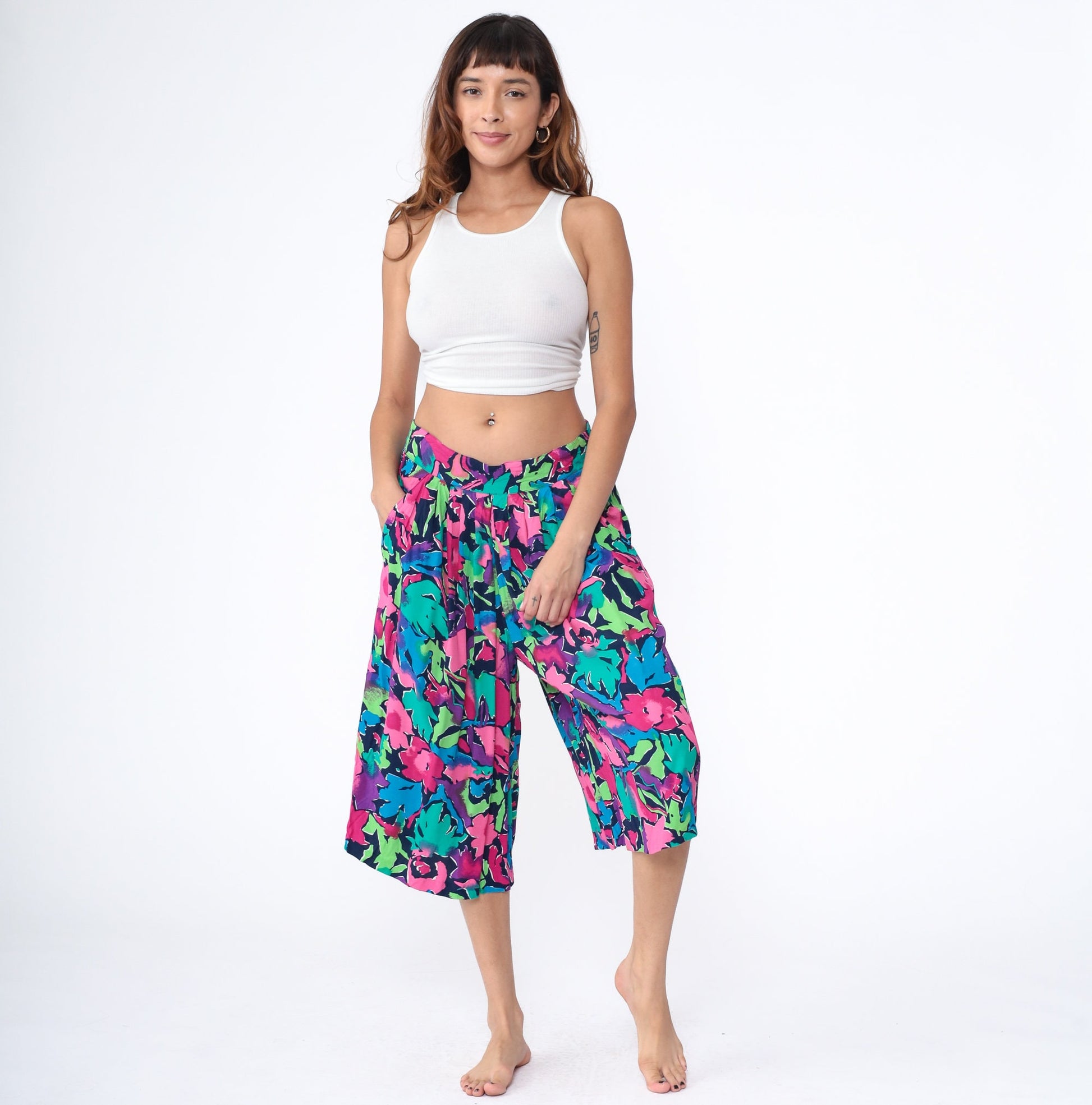 90s Floral Capri Pants High Waist Pleated Wide Leg Abstract Print Purple Pink Medium