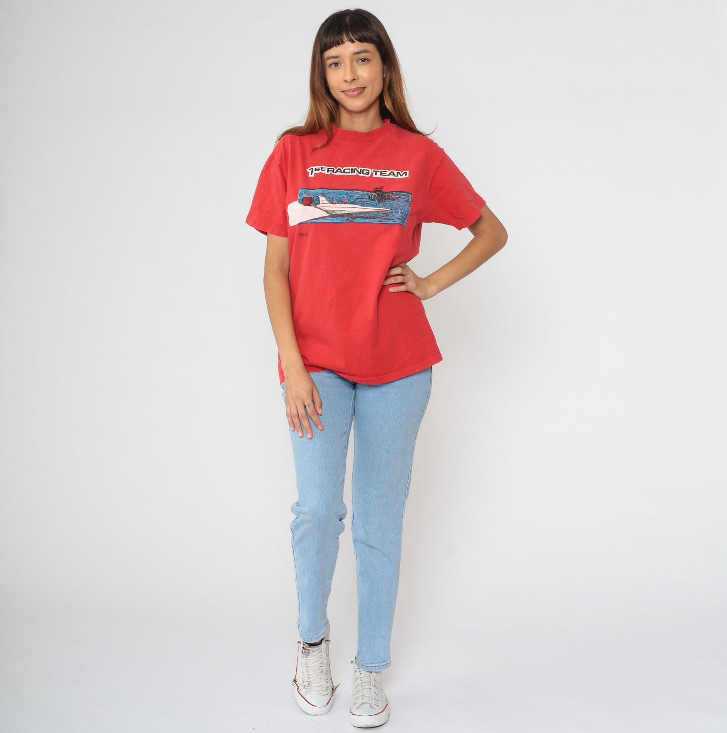 90s 1st Racing Team Speedboat Graphic T-Shirt Red Single Stitch Cotton Medium