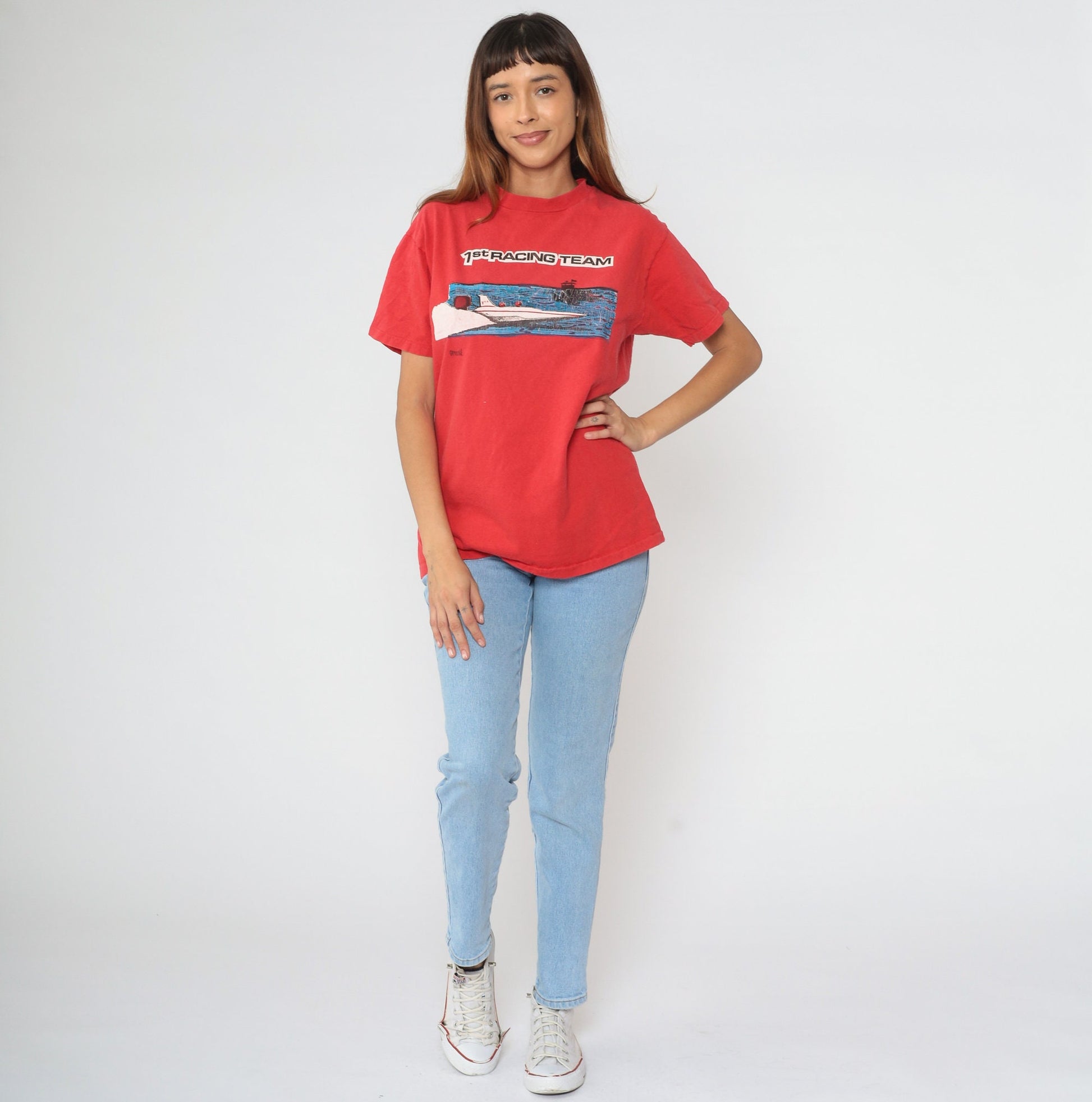 90s 1st Racing Team Speedboat Graphic T-Shirt Red Single Stitch Cotton Medium