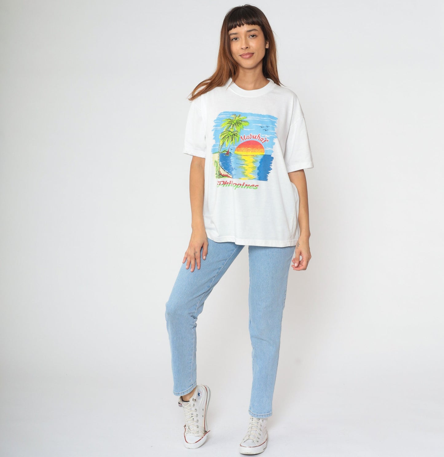 Y2K Philippines Mabuhay Graphic T-Shirt Tropical Beach Palm Tree Sailboat Large