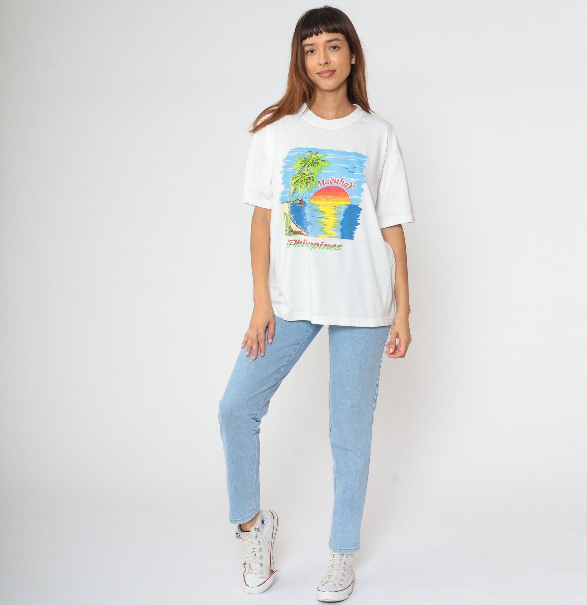 Y2K Philippines Mabuhay Graphic T-Shirt Tropical Beach Palm Tree Sailboat Large