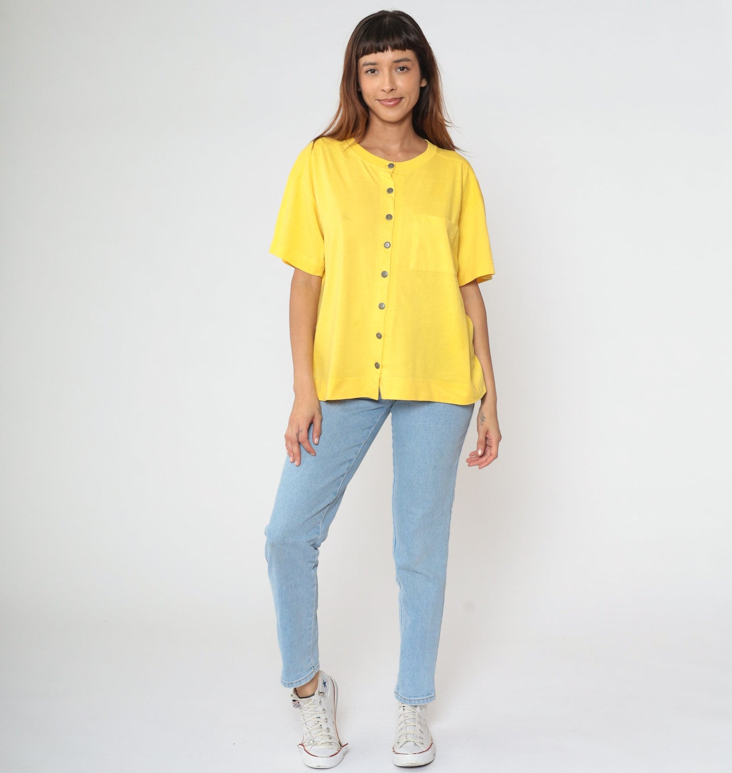 90s Yellow Cotton Button-Up Shirt Pocket Tee Medium