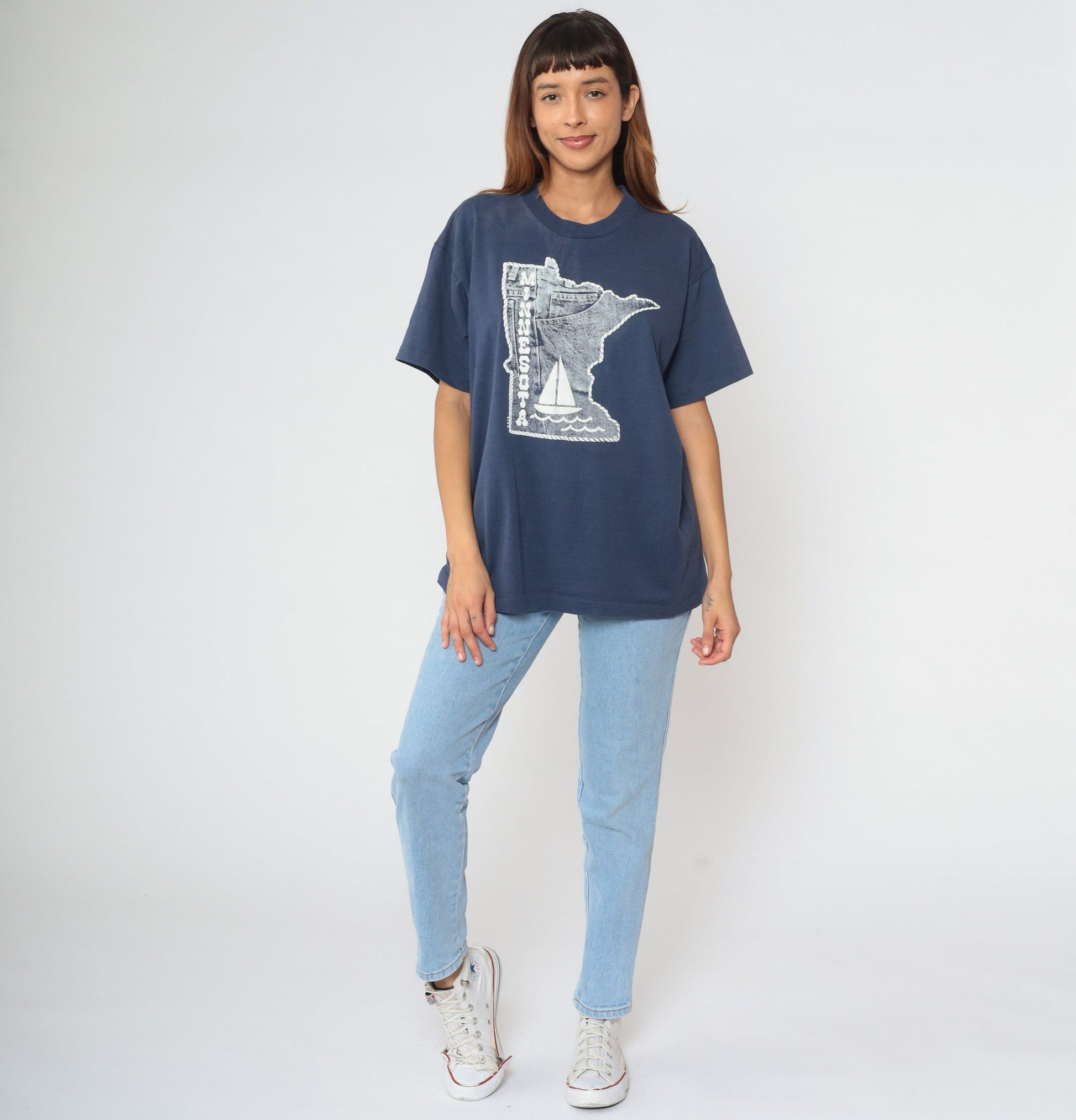 90s Minnesota State Map Sailboat T Shirt Navy Blue Screen Stars Extra Large