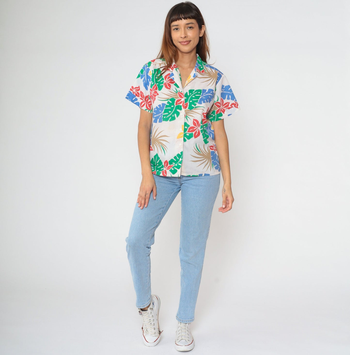 80s Tropical Floral Cotton Button-Up Blouse White Leaf Print Short Sleeve Medium