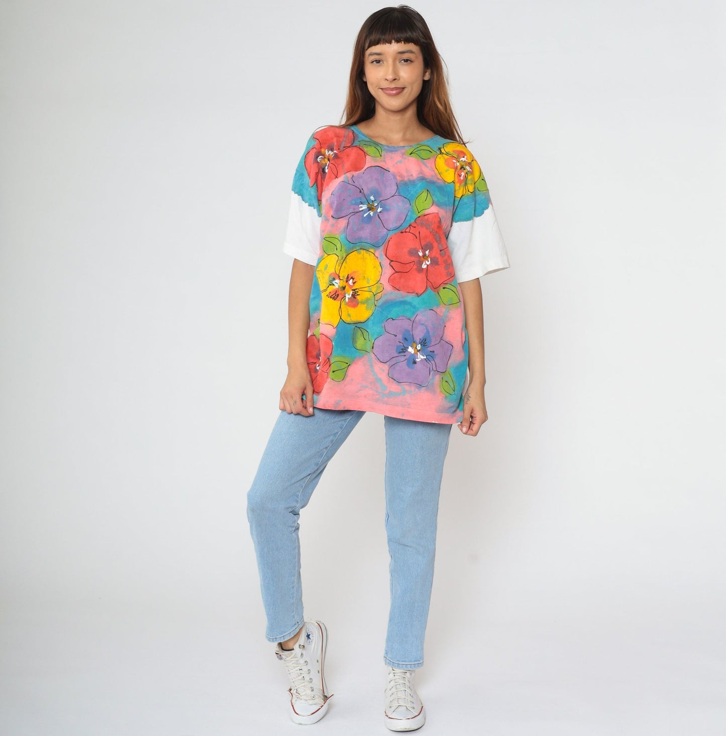 90s Floral Paint Splatter T-Shirt Purple Yellow Pink Blue Single Stitch Large