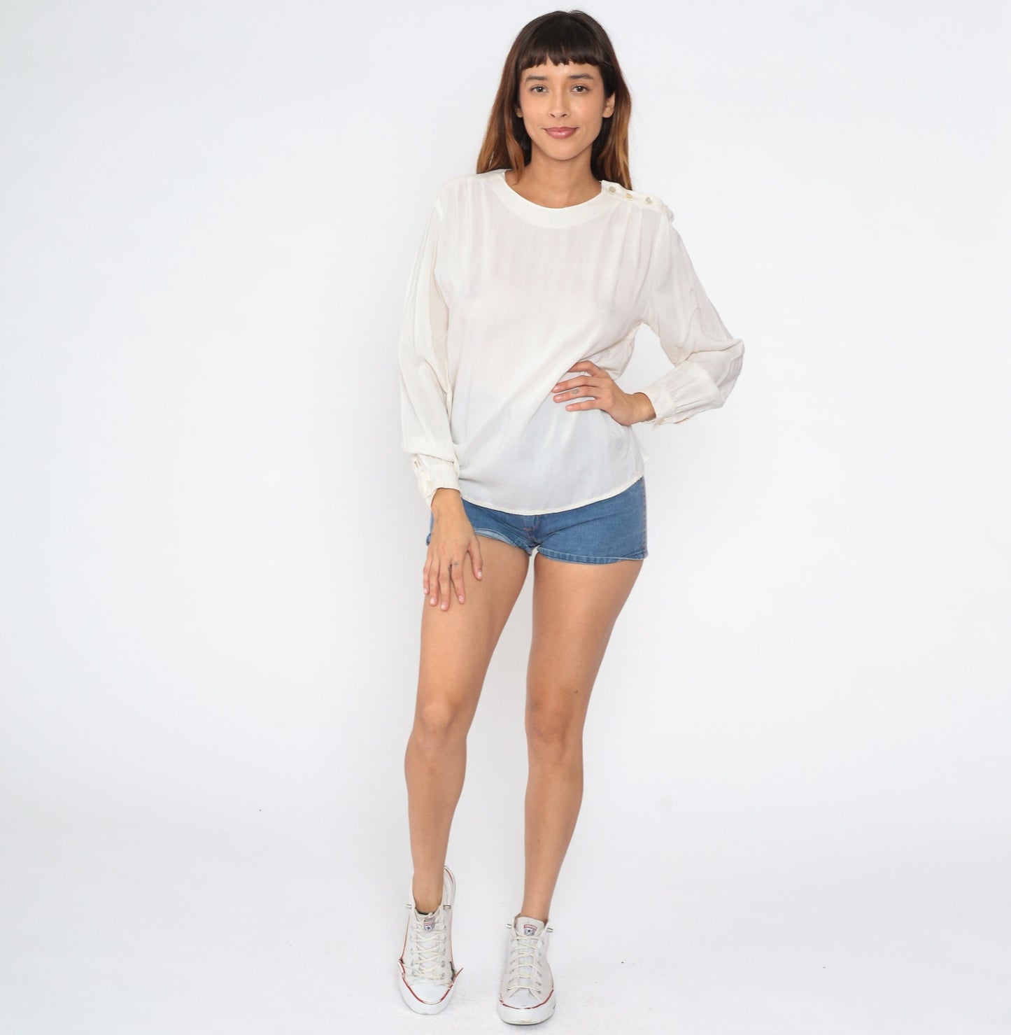 90s White Rayon Blouse Puff Sleeve Shoulder Button Top Medium