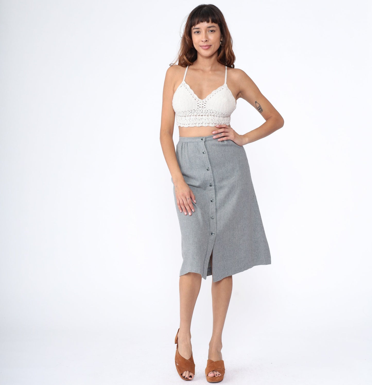 70s Bobbie Brooks Grey Midi Skirt Button Front High Waist Extra Small